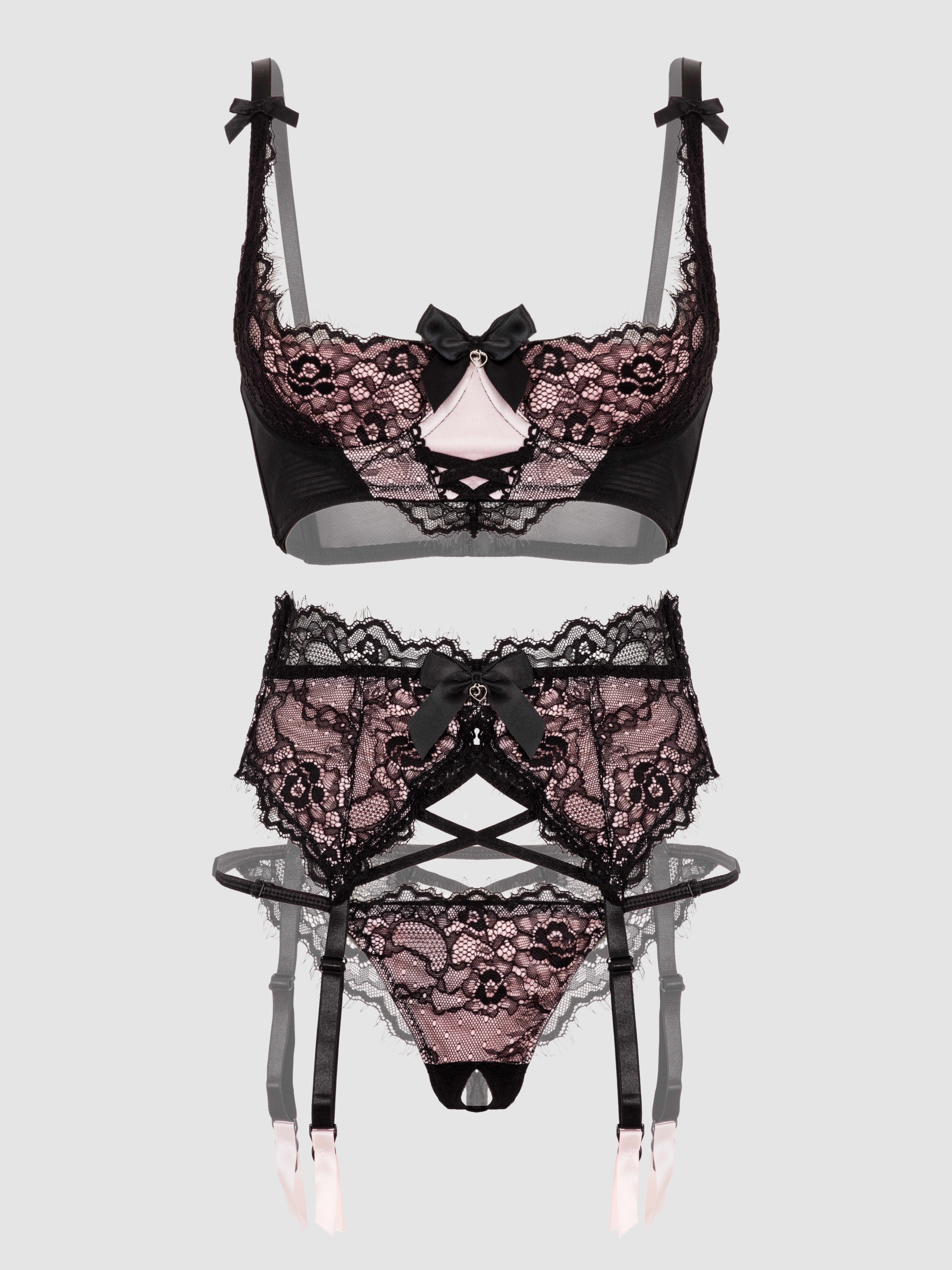 Lovehoney Boudoir Belle Blush Pink Quarter Cup Bra Set, Pink, hi-res