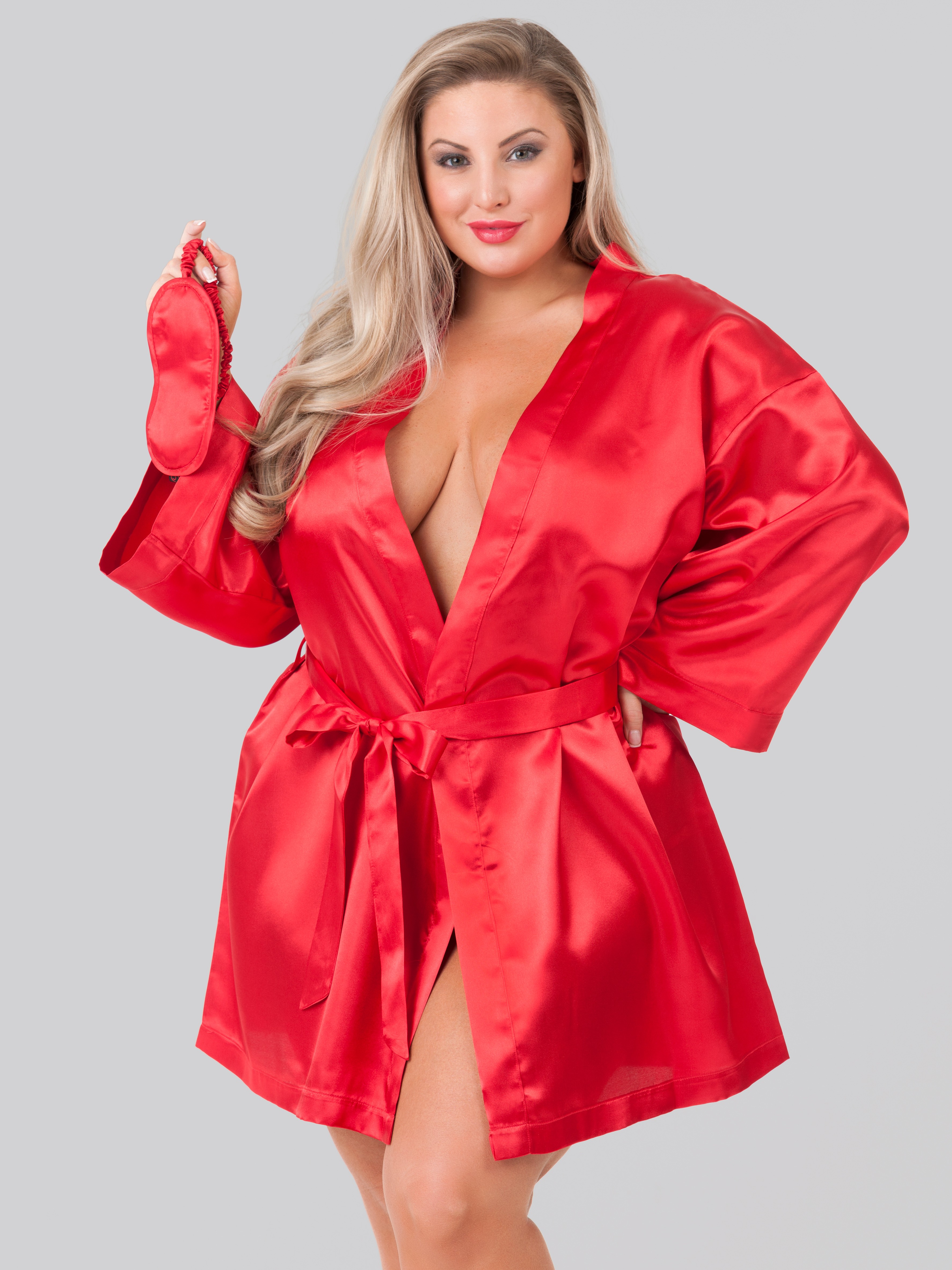Lovehoney Plus Size Red Satin Robe Gift Set , Red, hi-res