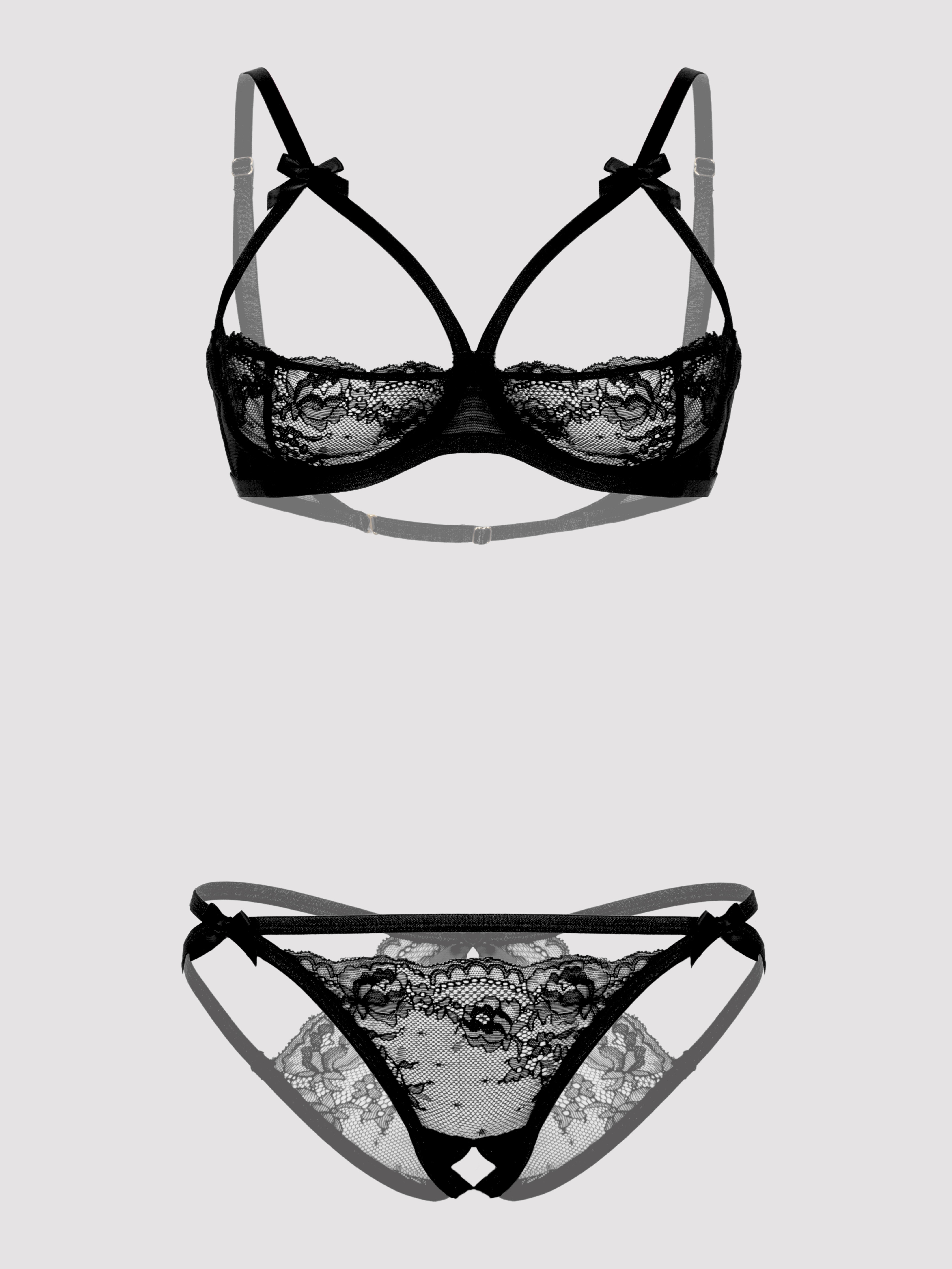 Lovehoney Black Quarter Cup Bra and Crotchless Knickers Set, Black, hi-res