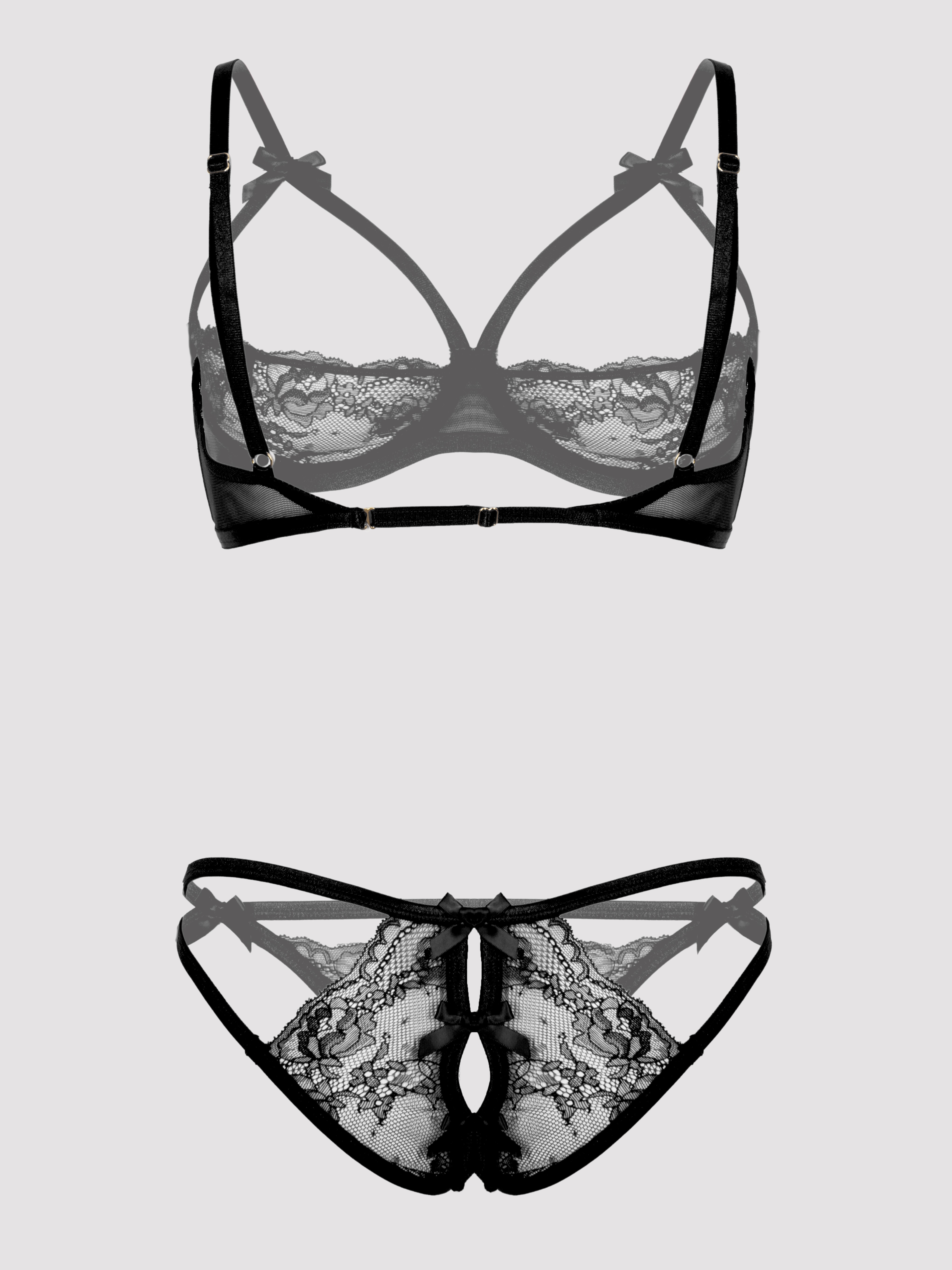 Lovehoney Black Quarter Cup Bra and Crotchless Knickers Set, Black, hi-res