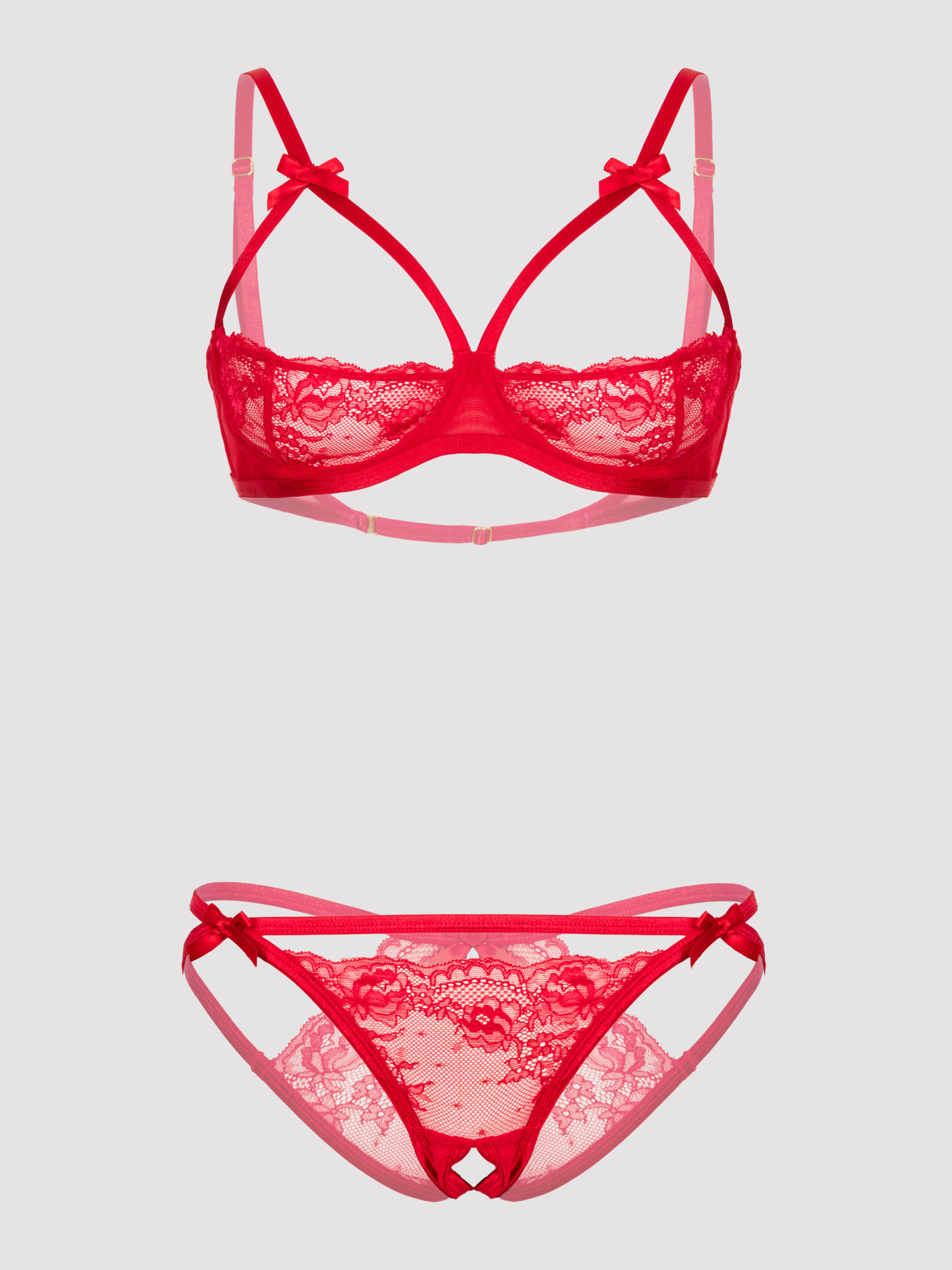 Lovehoney Red Quarter Cup Bra and Crotchless Panties Set, Red, hi-res