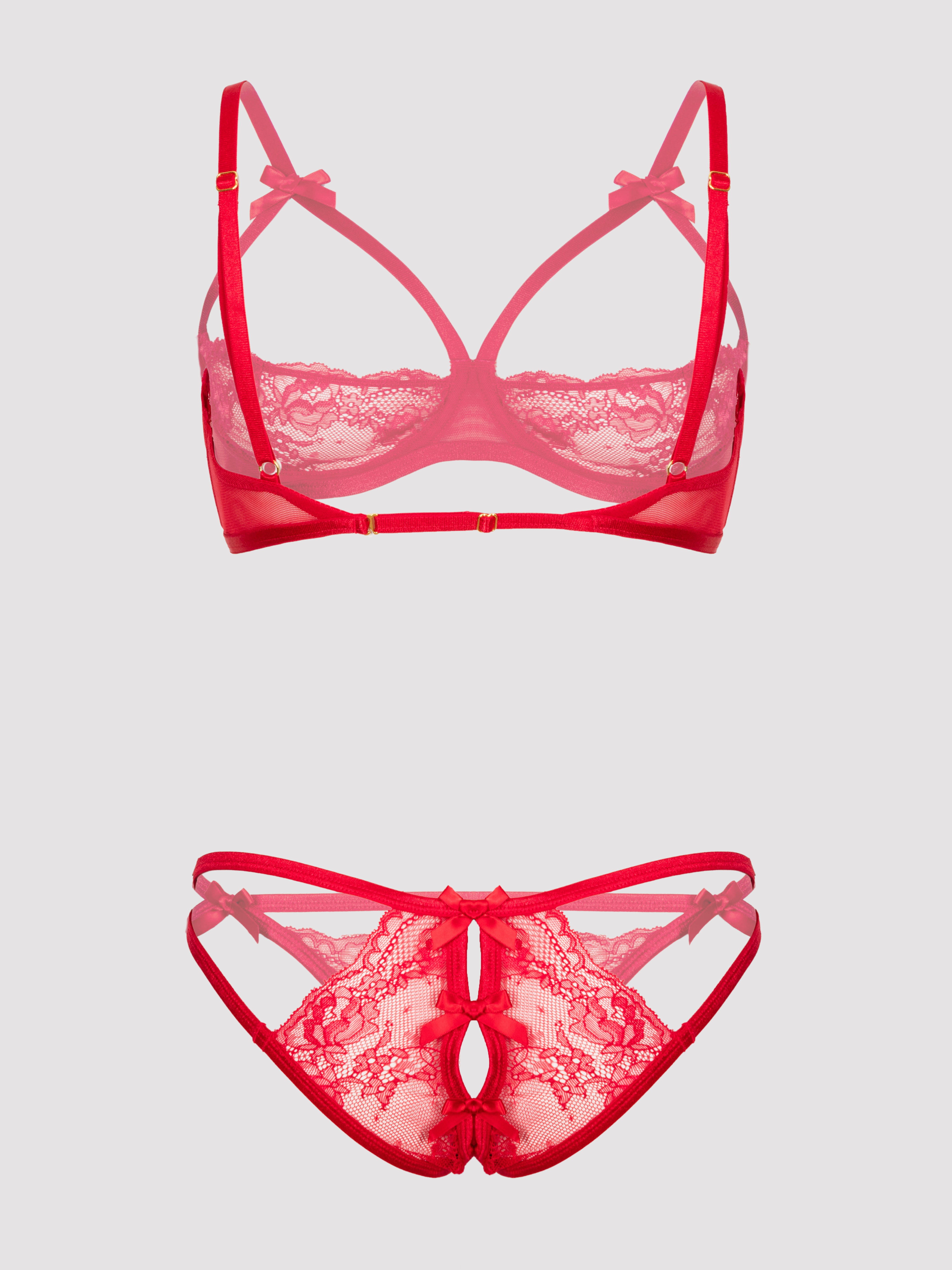 Lovehoney Red Quarter Cup Bra and Crotchless Panties Set, Red, hi-res