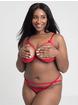 Lovehoney Black Quarter Cup Bra and Crotchless Panties Set, Red, hi-res