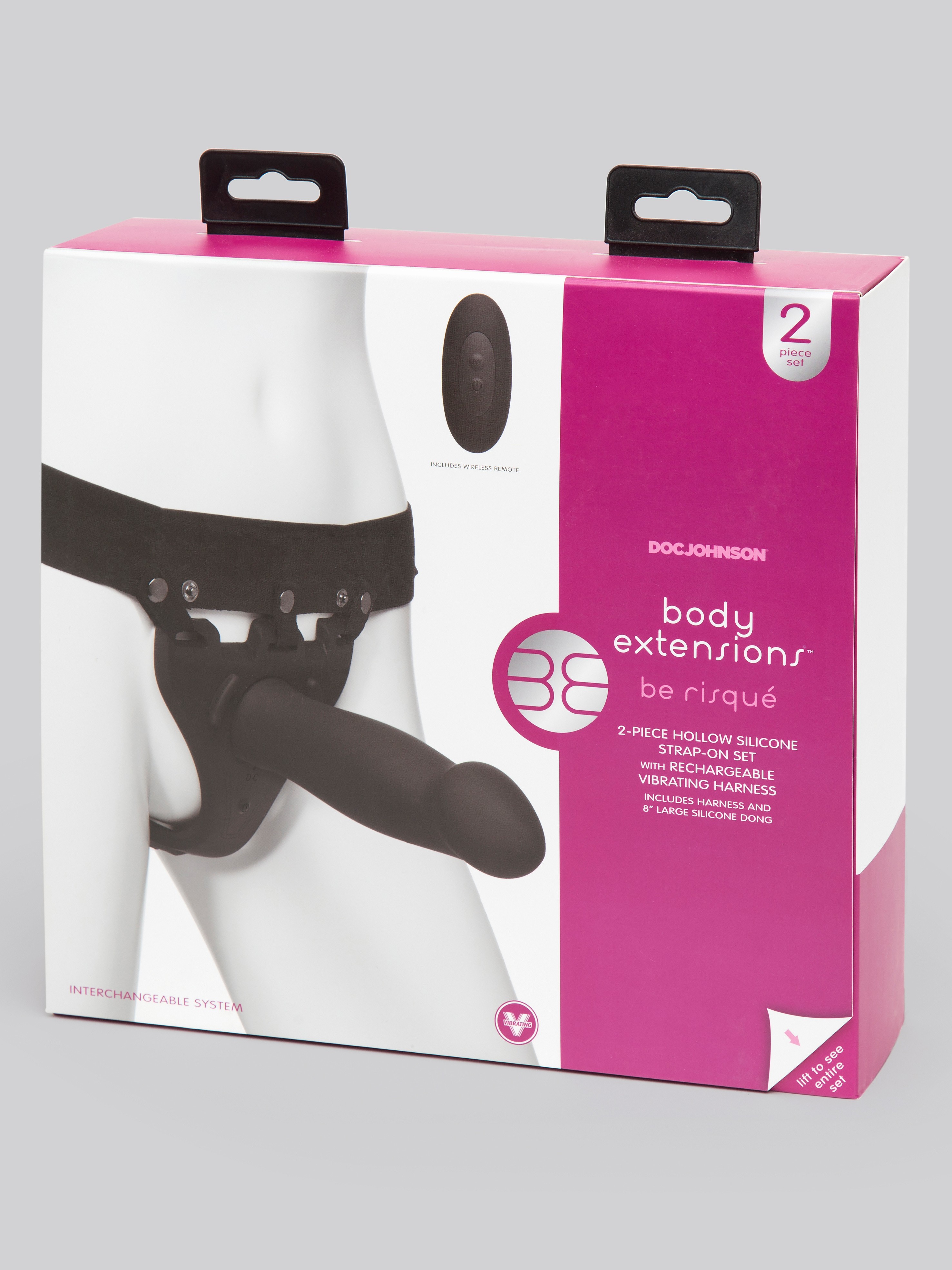 Doc Johnson Silicone Hollow Remote Control Strap-On Set 8 Inch, Black, hi-res