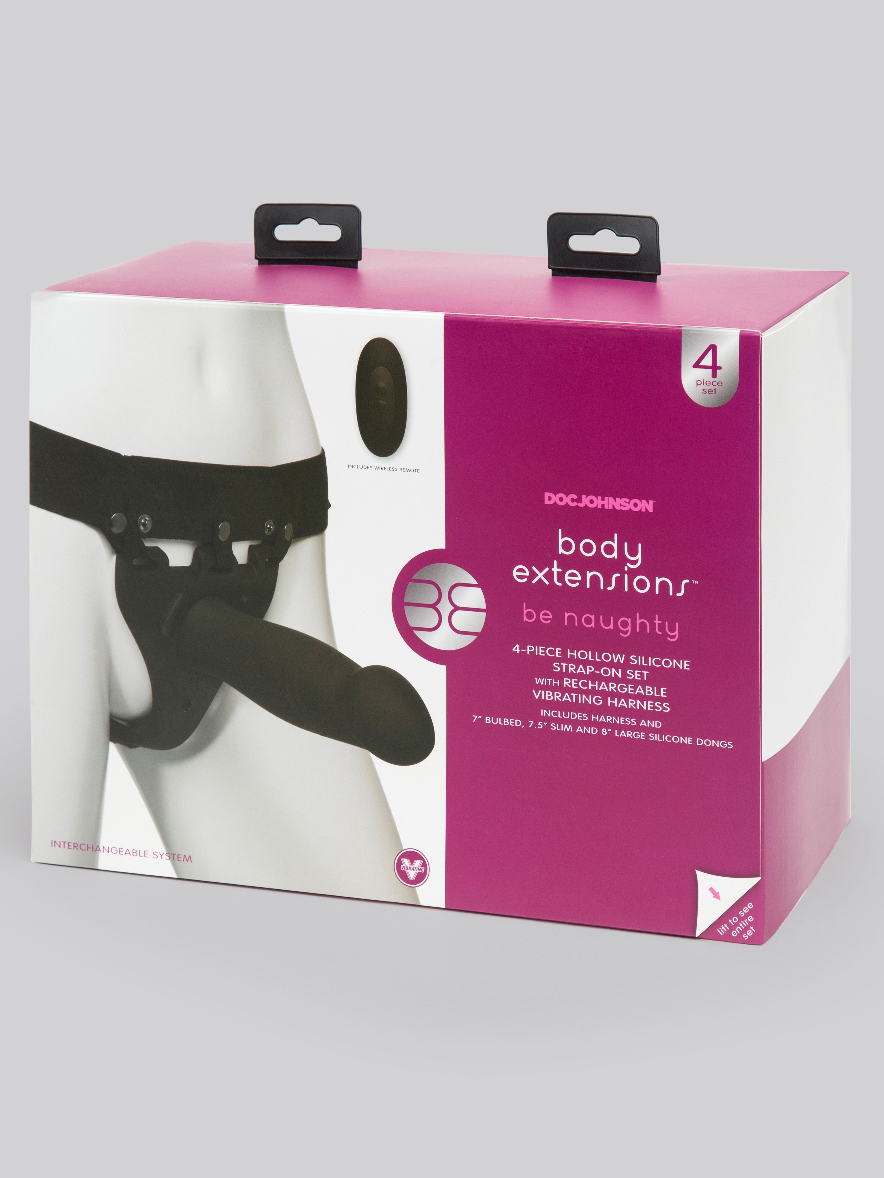 Doc Johnson Silicone Hollow Remote Control Strap-On Kit (4 Piece), Black, hi-res