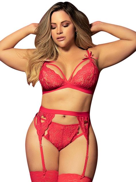 Mapale Plus Size Sweetheart Red Lace Bra Set, Red, hi-res