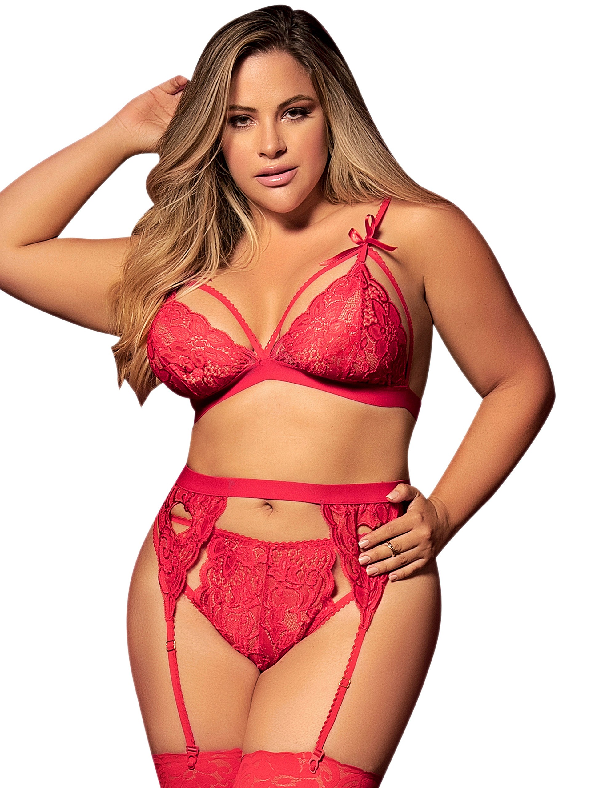 Mapale Plus Size Sweetheart Red Lace Bra Set, Red, hi-res