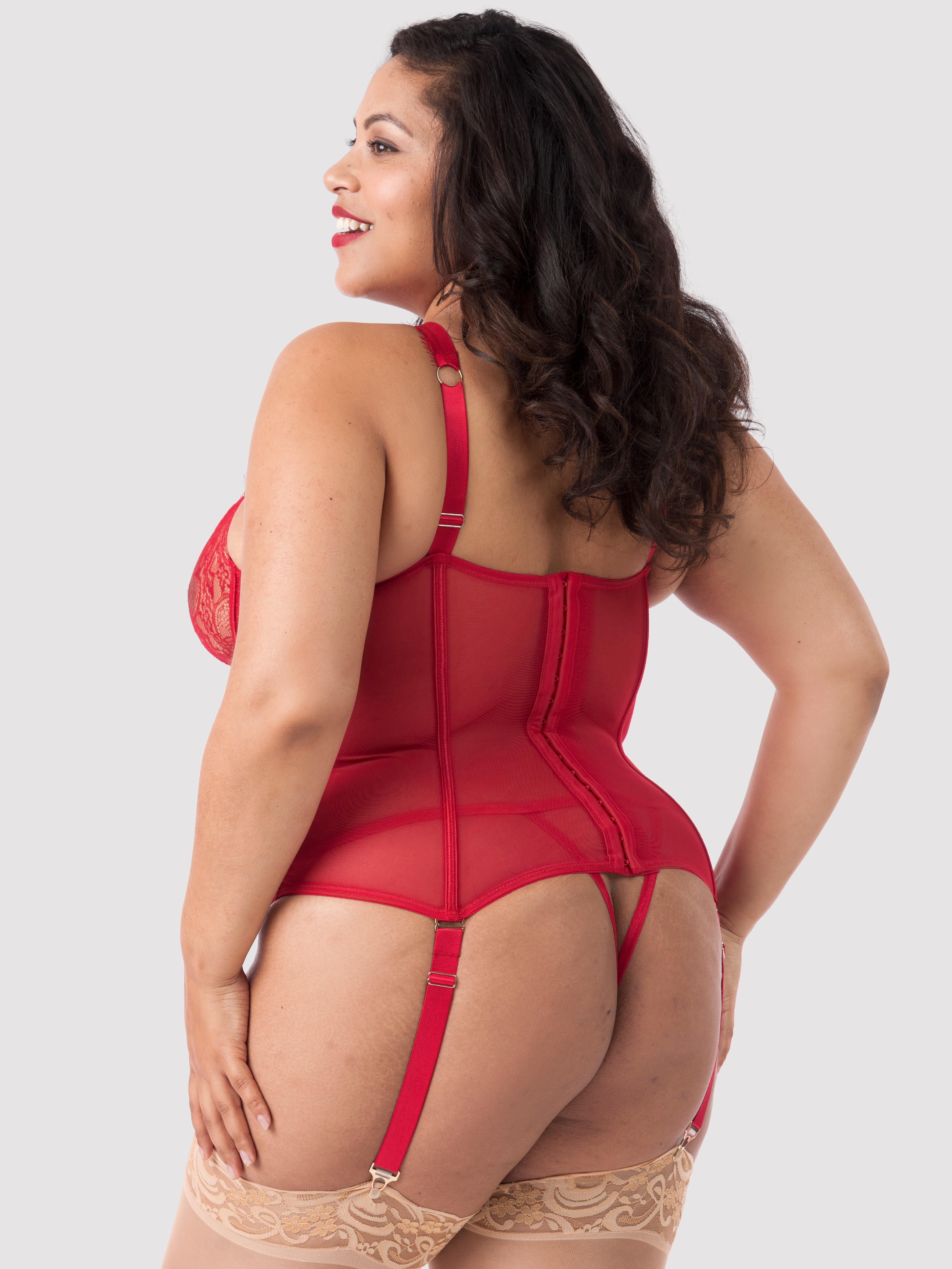 Lovehoney Midnight Mirage Black Lace Basque Set, Red, hi-res