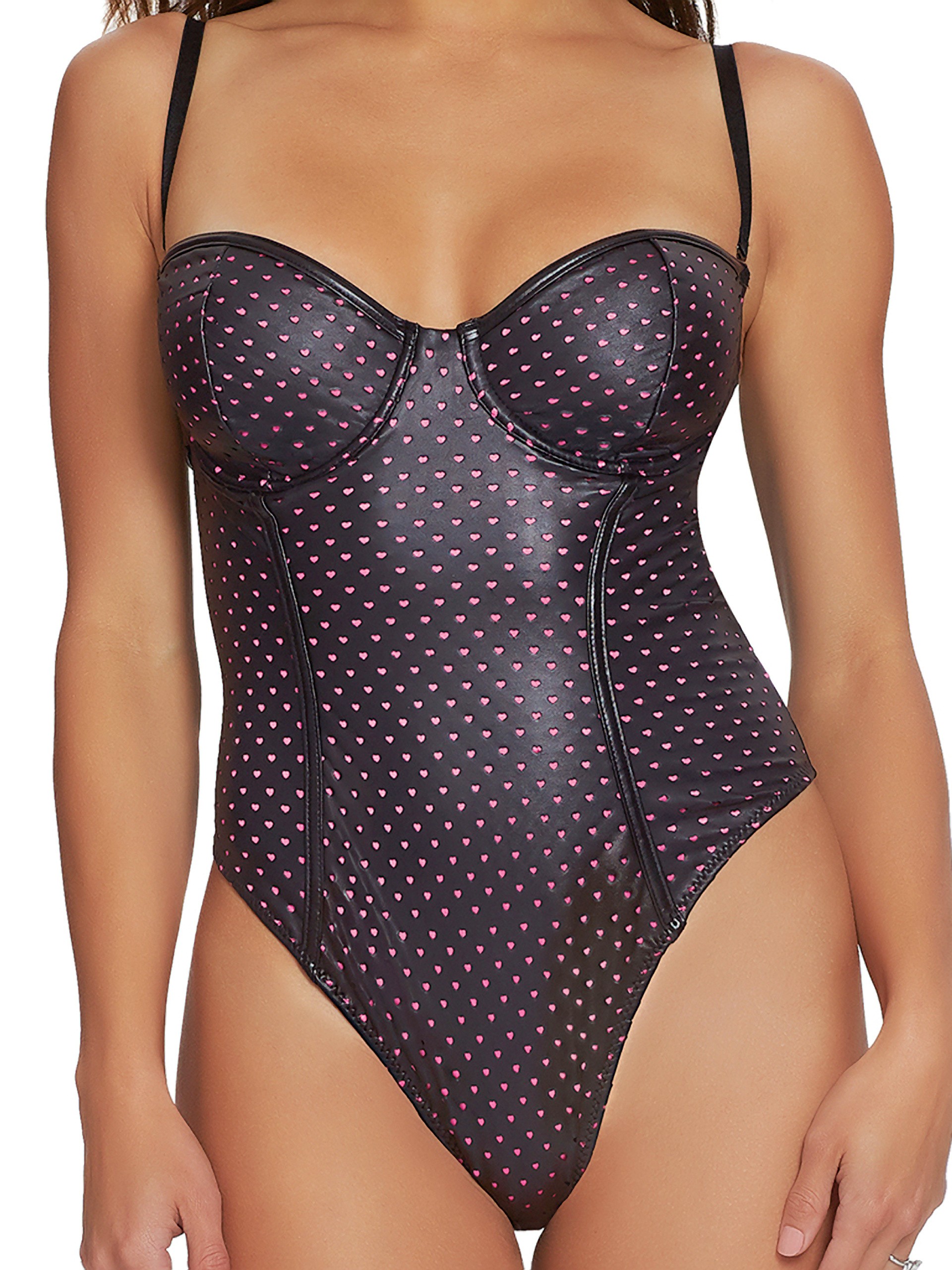 Dreamgirl Black Wet Look Heart Underwired Body, Black, hi-res