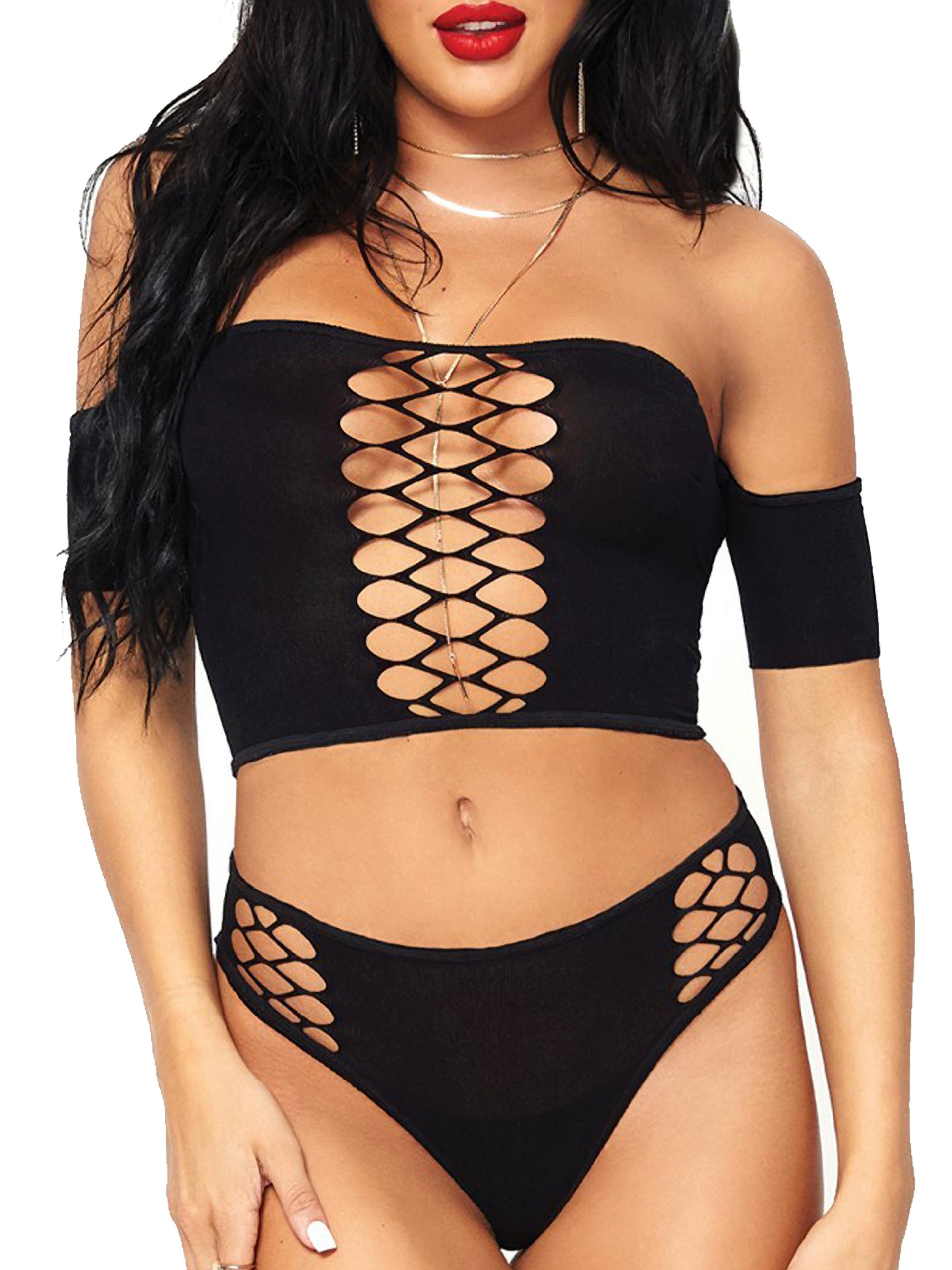 Leg Avenue Black Cut-Out Crop Top and Thong, Black, hi-res