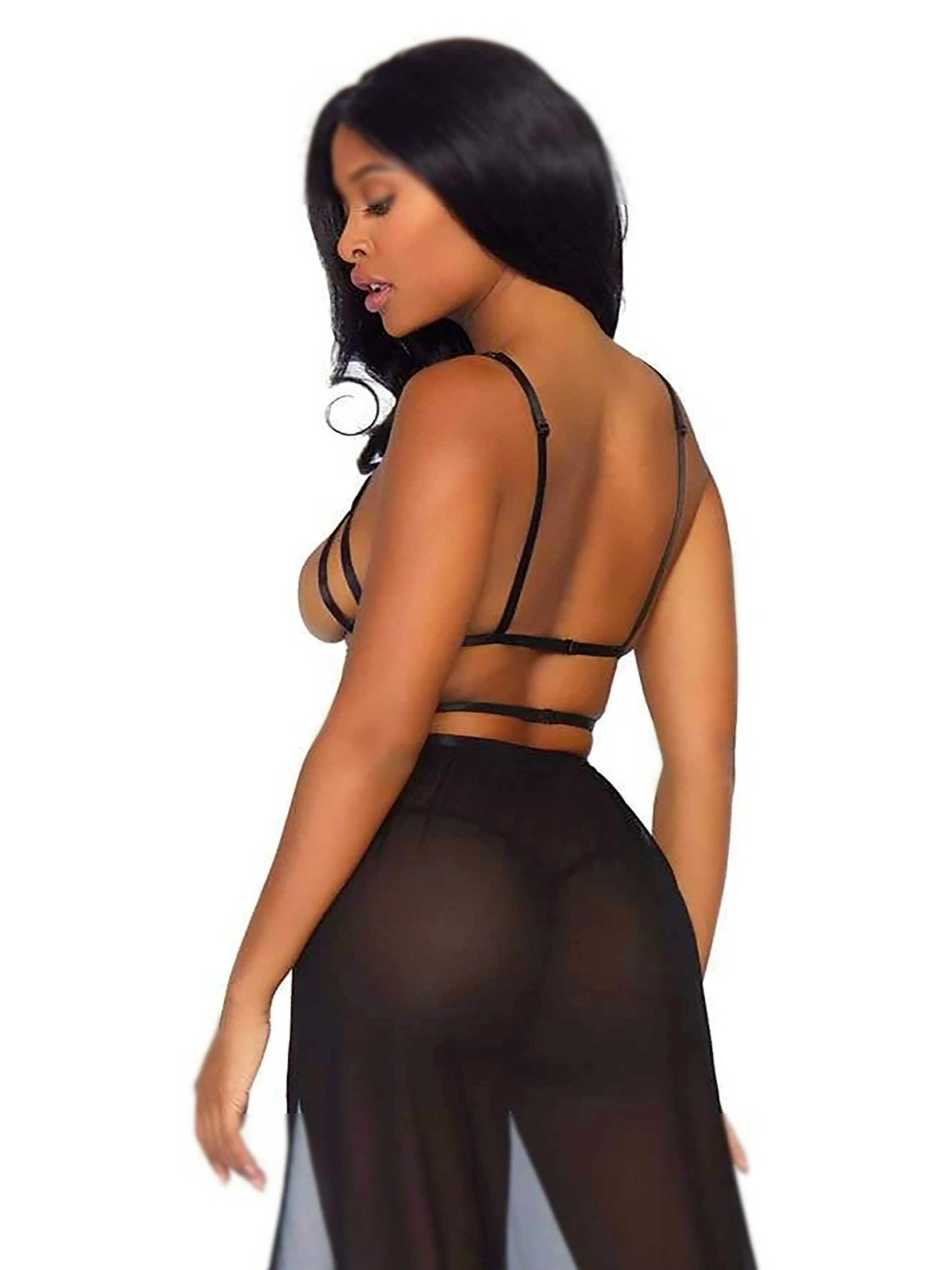 Leg Avenue Black Open-Cup Cage Gown Set , Black, hi-res