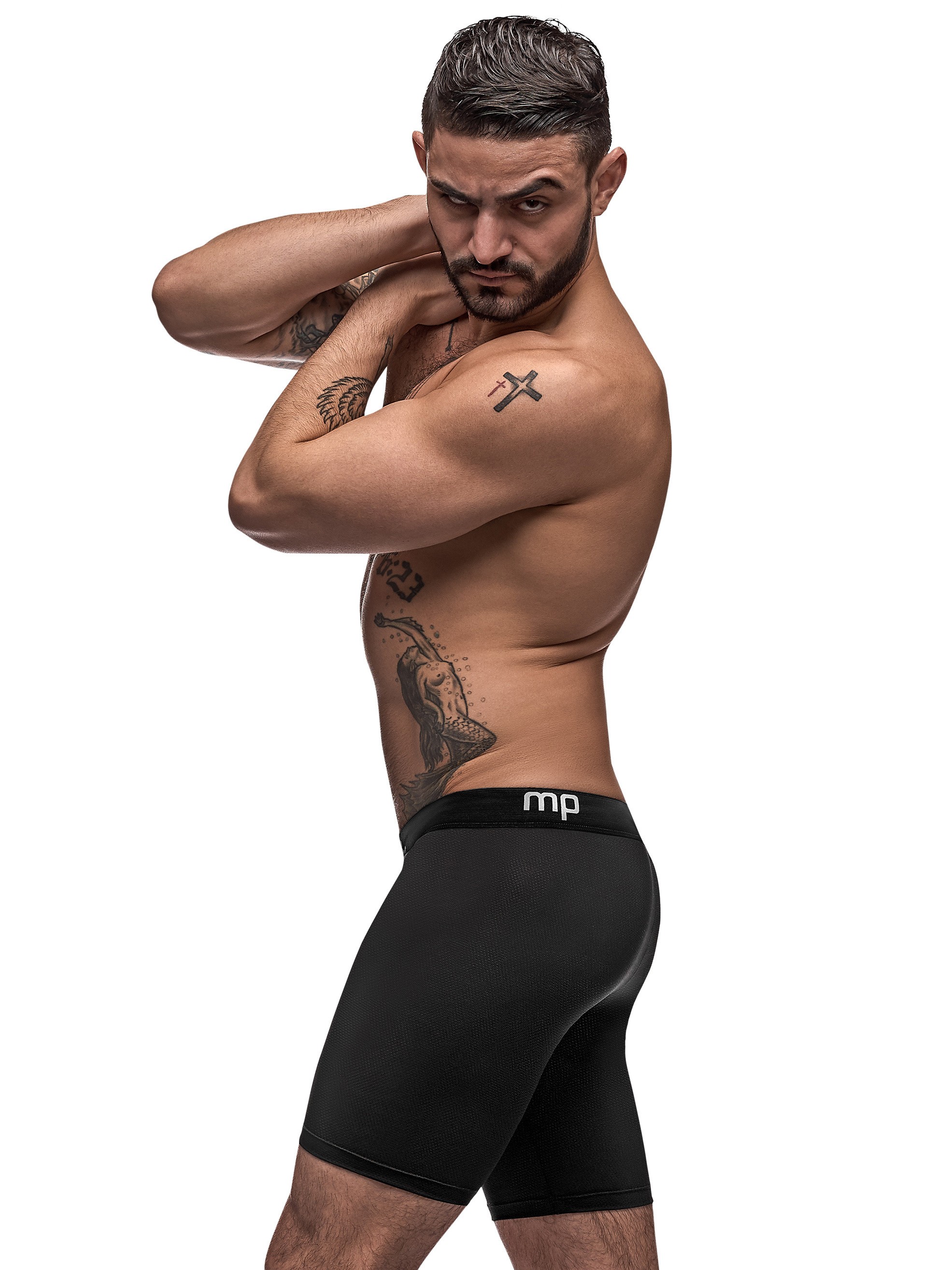 Male Power Black Stretch Long Boxer Shorts, Black, hi-res