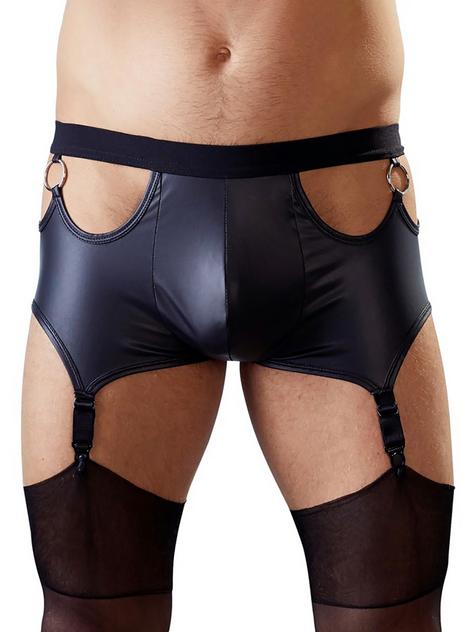 Svenjoyment Wet Look Cut-Out Boxers with Suspenders, Black, hi-res