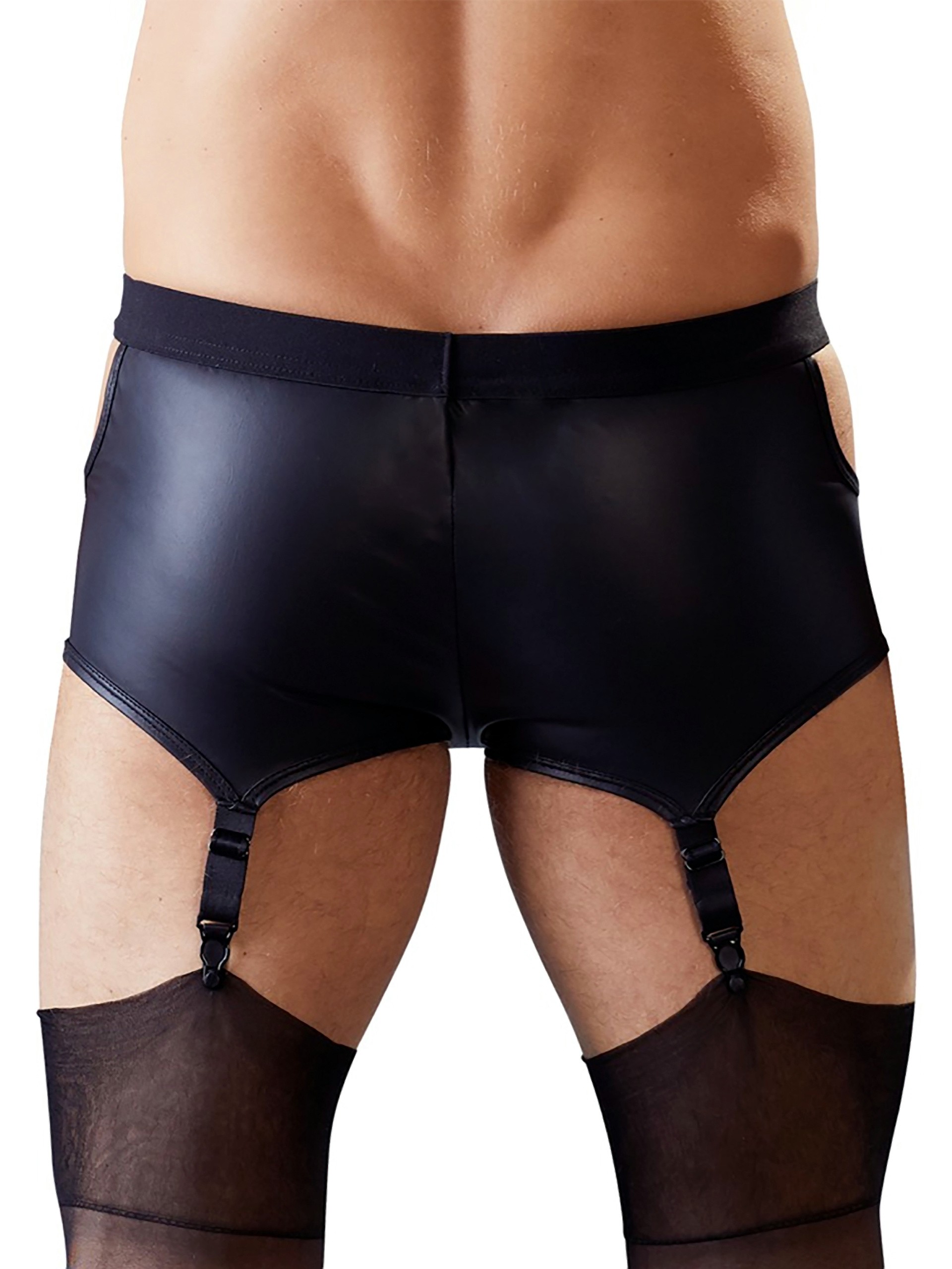 Svenjoyment Wet Look Cut-Out Boxers with Suspenders, Black, hi-res