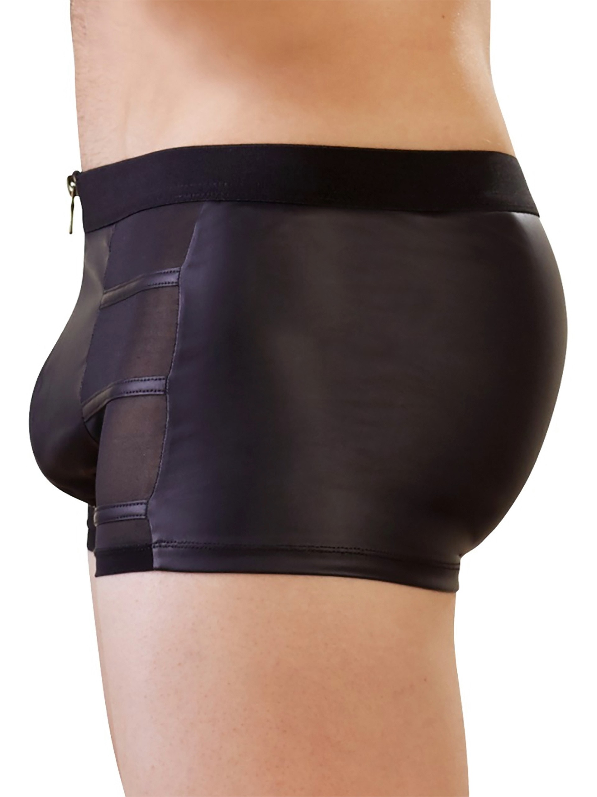 Svenjoyment Wet Look Black Zip-Up Boxer Shorts, Black, hi-res