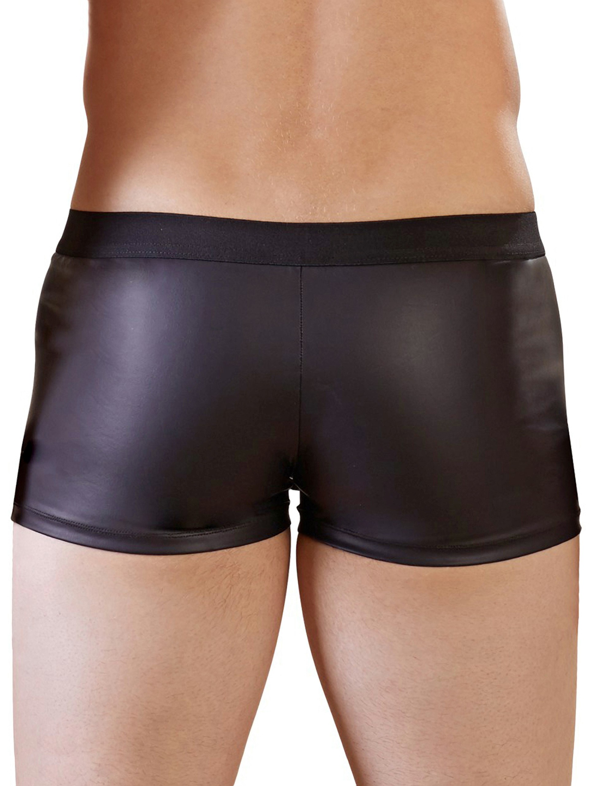 Svenjoyment Wet Look Black Zip-Up Boxer Shorts, Black, hi-res