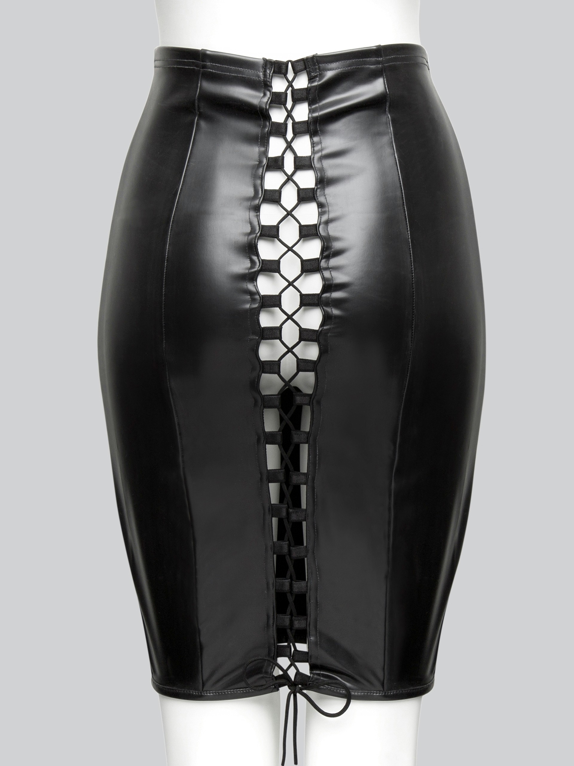 Easy-On Latex Black Skirt with Lace-Up Back, Black, hi-res
