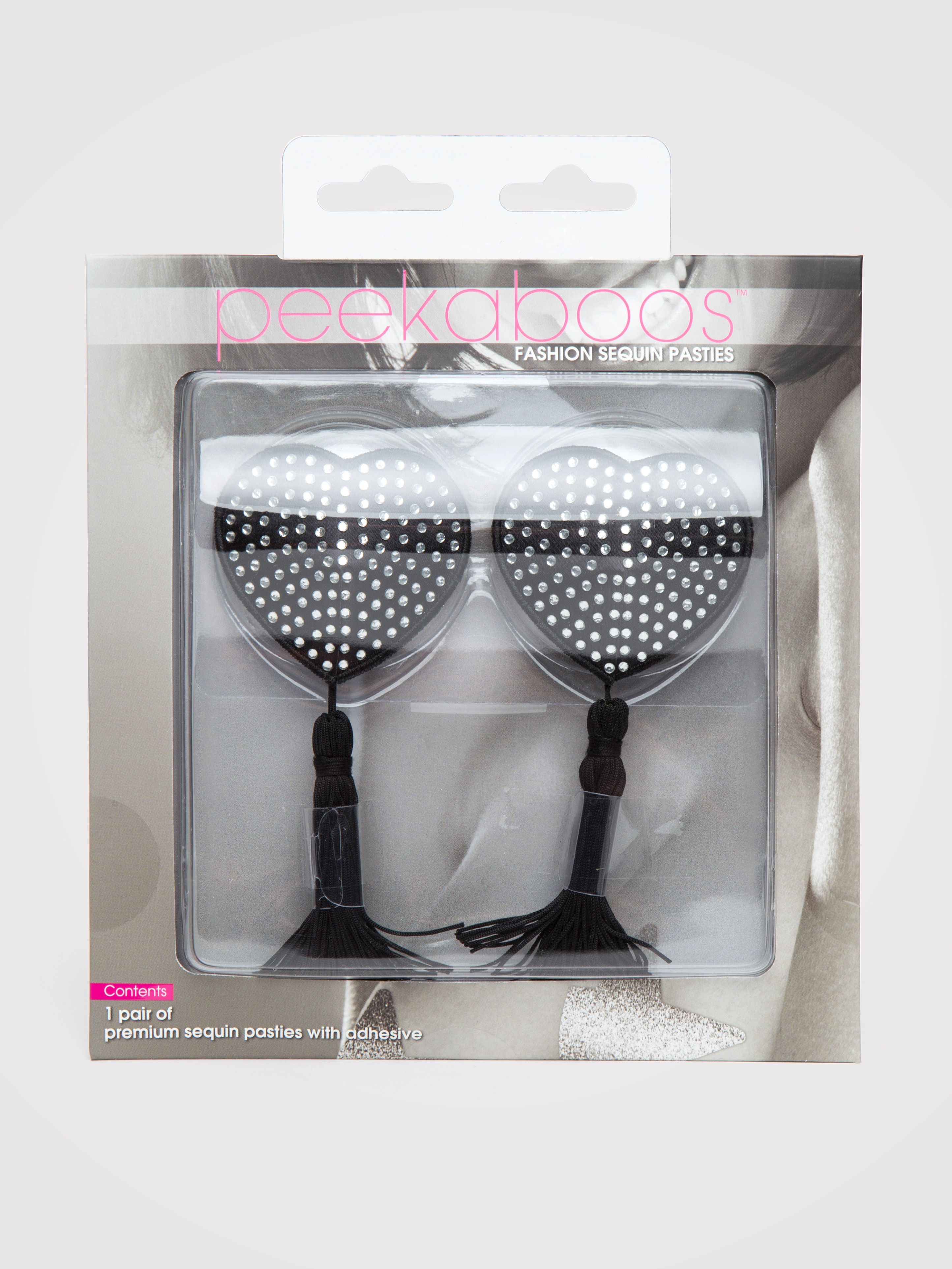 Peekaboos Black Satin Heart-Shaped Diamante Nipple Tassels, Black, hi-res