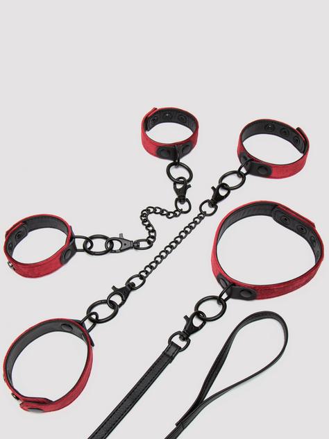 Bondage Boutique Ruby Velvet Collar, Wrist and Ankle Cuff Kit (3 Piece), Red, hi-res
