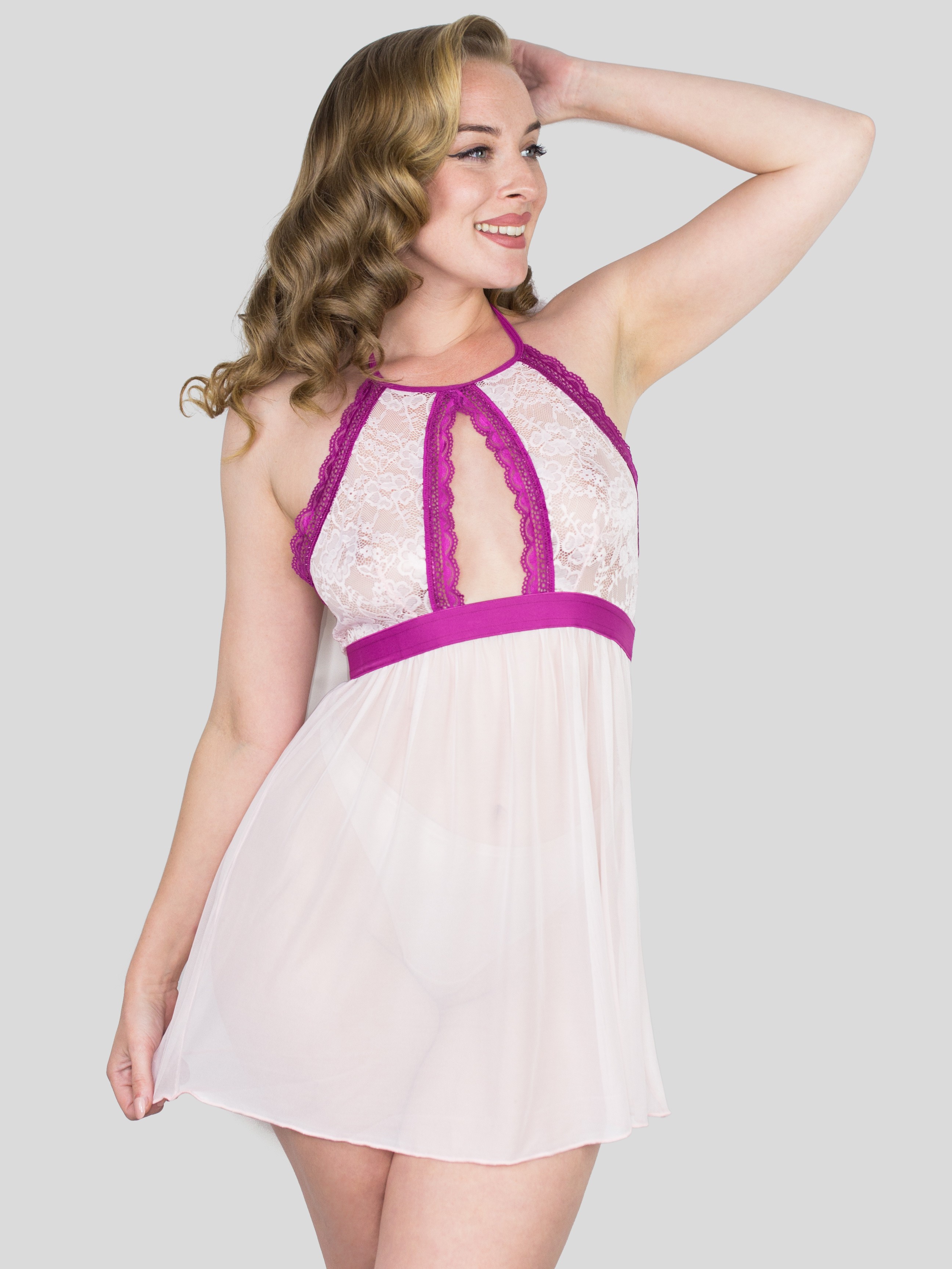 Lovehoney Flirty Black Lace Halterneck Babydoll , Pink, hi-res