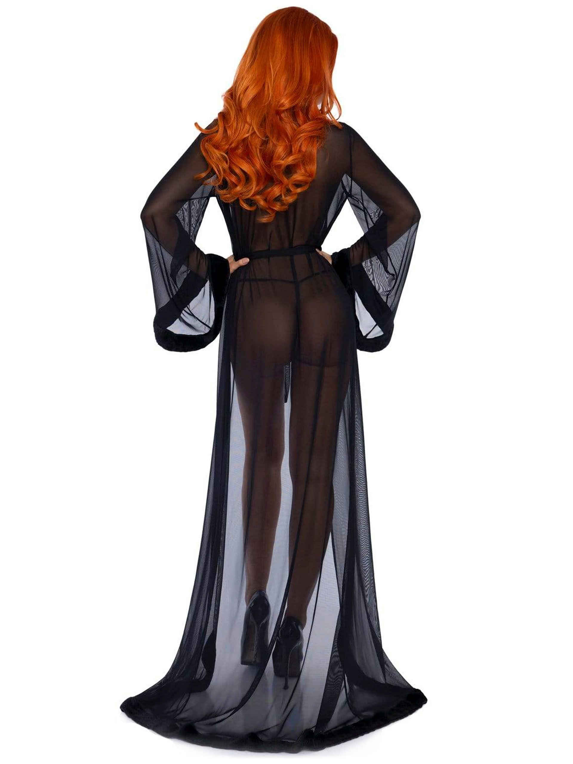 Leg Avenue Black Faux Fur Trim Robe Set , Black, hi-res