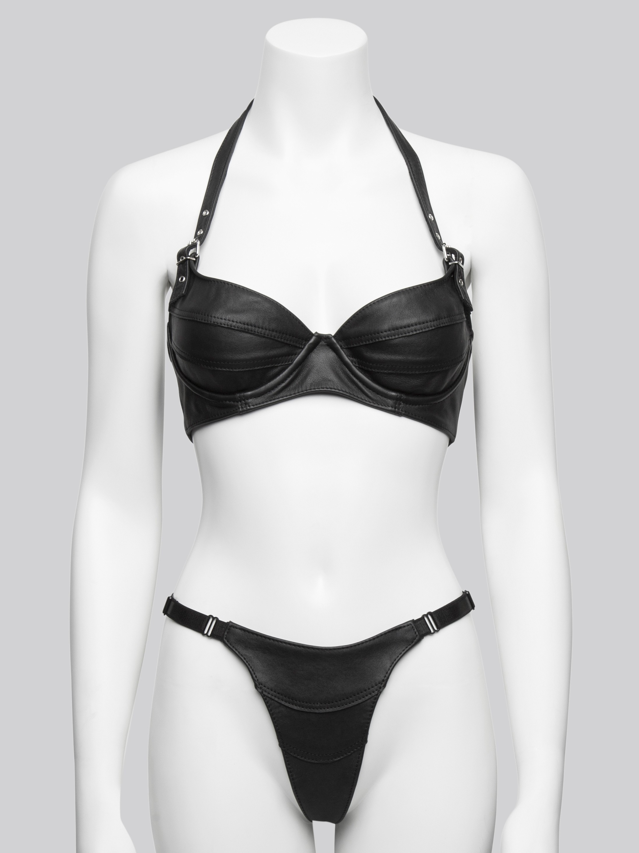 Black Leather Adjustable Thong , Black, hi-res