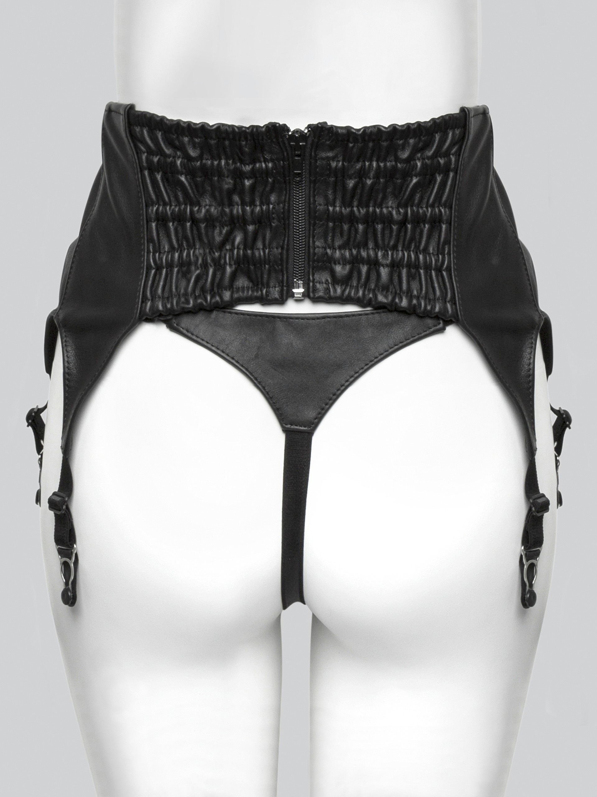 Black Leather Six Strap Suspender Belt, Black, hi-res