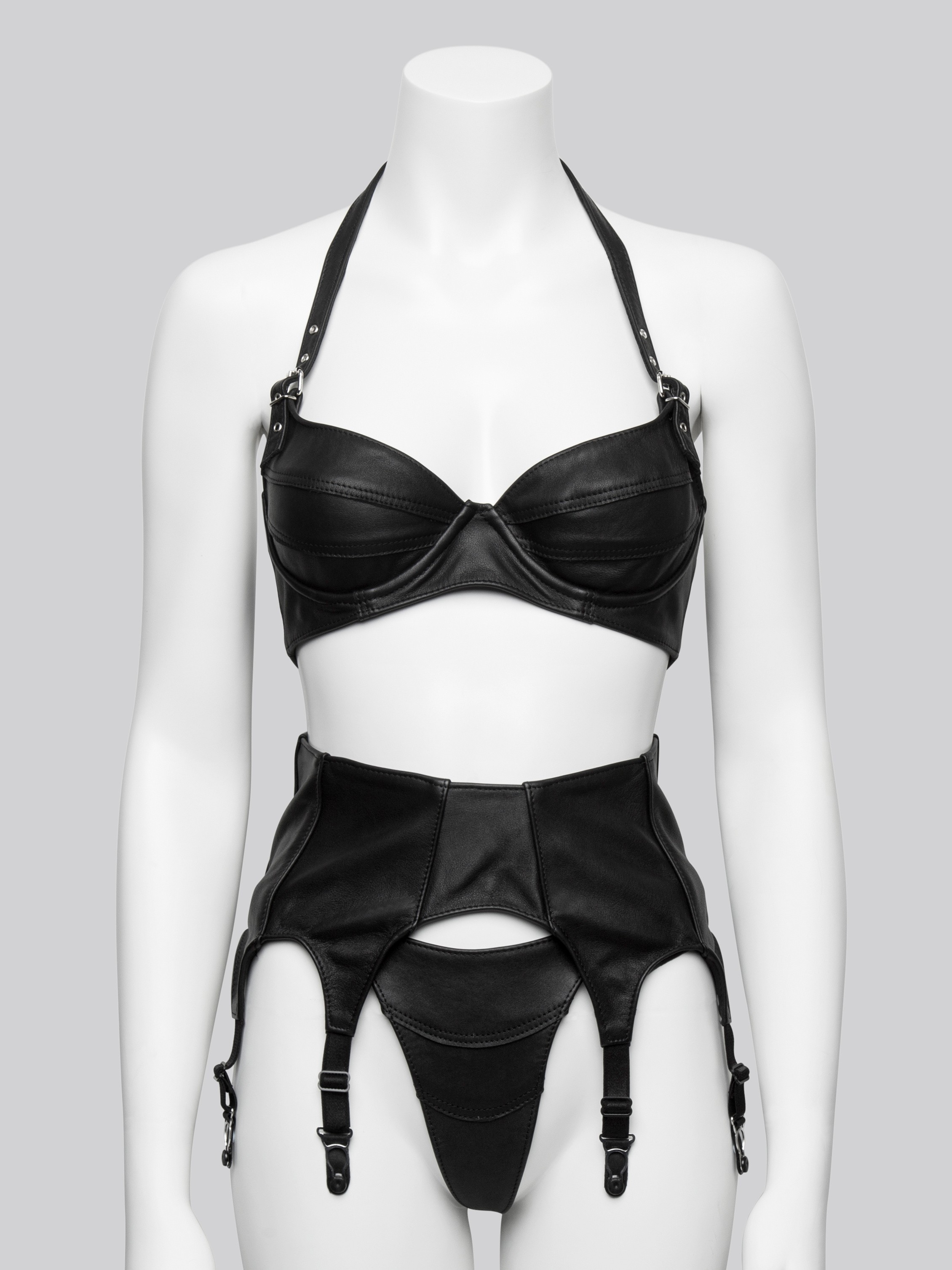 Black Leather Six Strap Suspender Belt, Black, hi-res