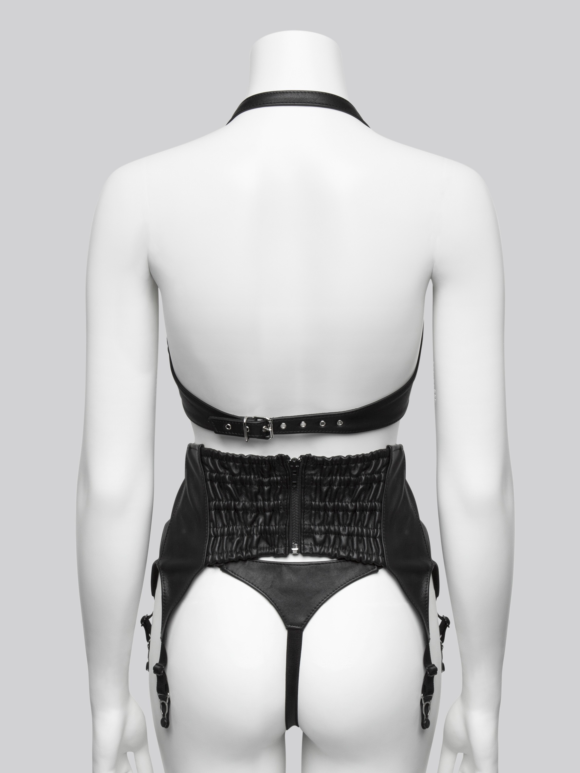 Black Leather Six Strap Suspender Belt, Black, hi-res