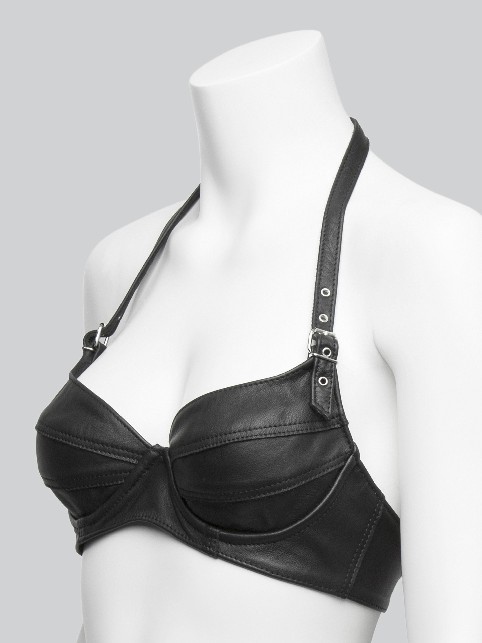 Black Leather Buckled Underwired Halterneck Bra, Black, hi-res
