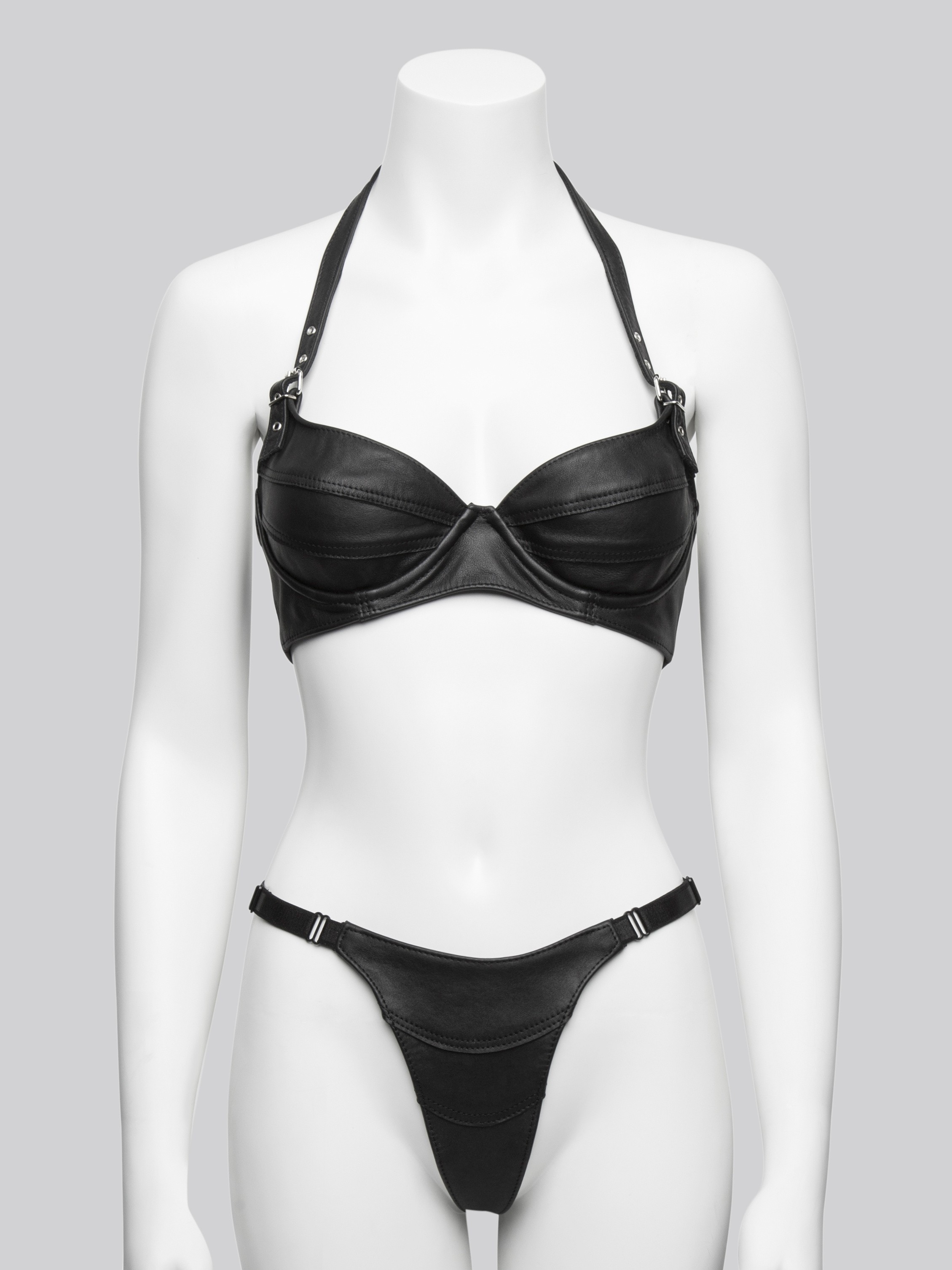 Black Leather Buckled Underwired Halterneck Bra, Black, hi-res