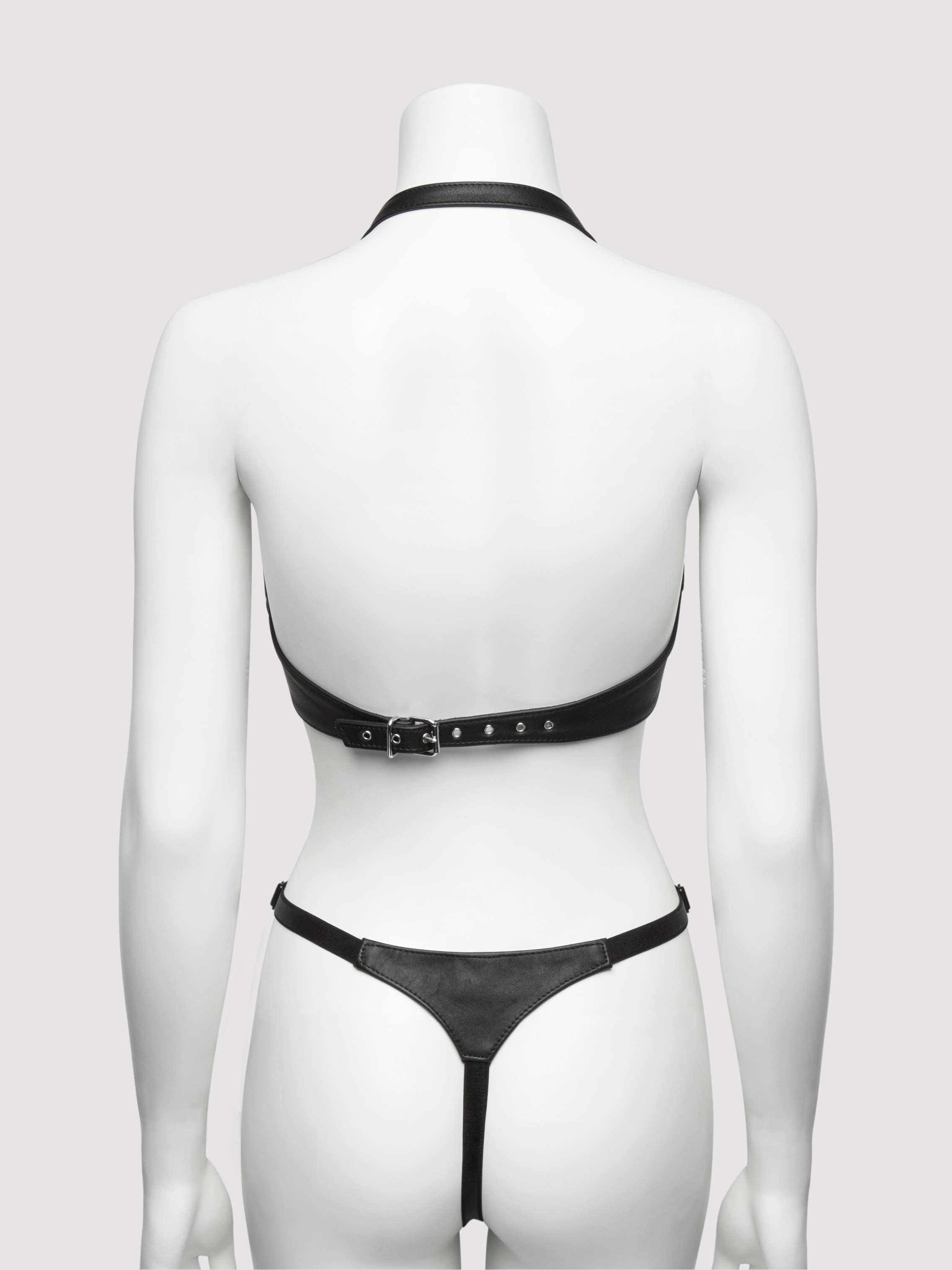 Black Leather Buckled Underwired Halterneck Bra, Black, hi-res