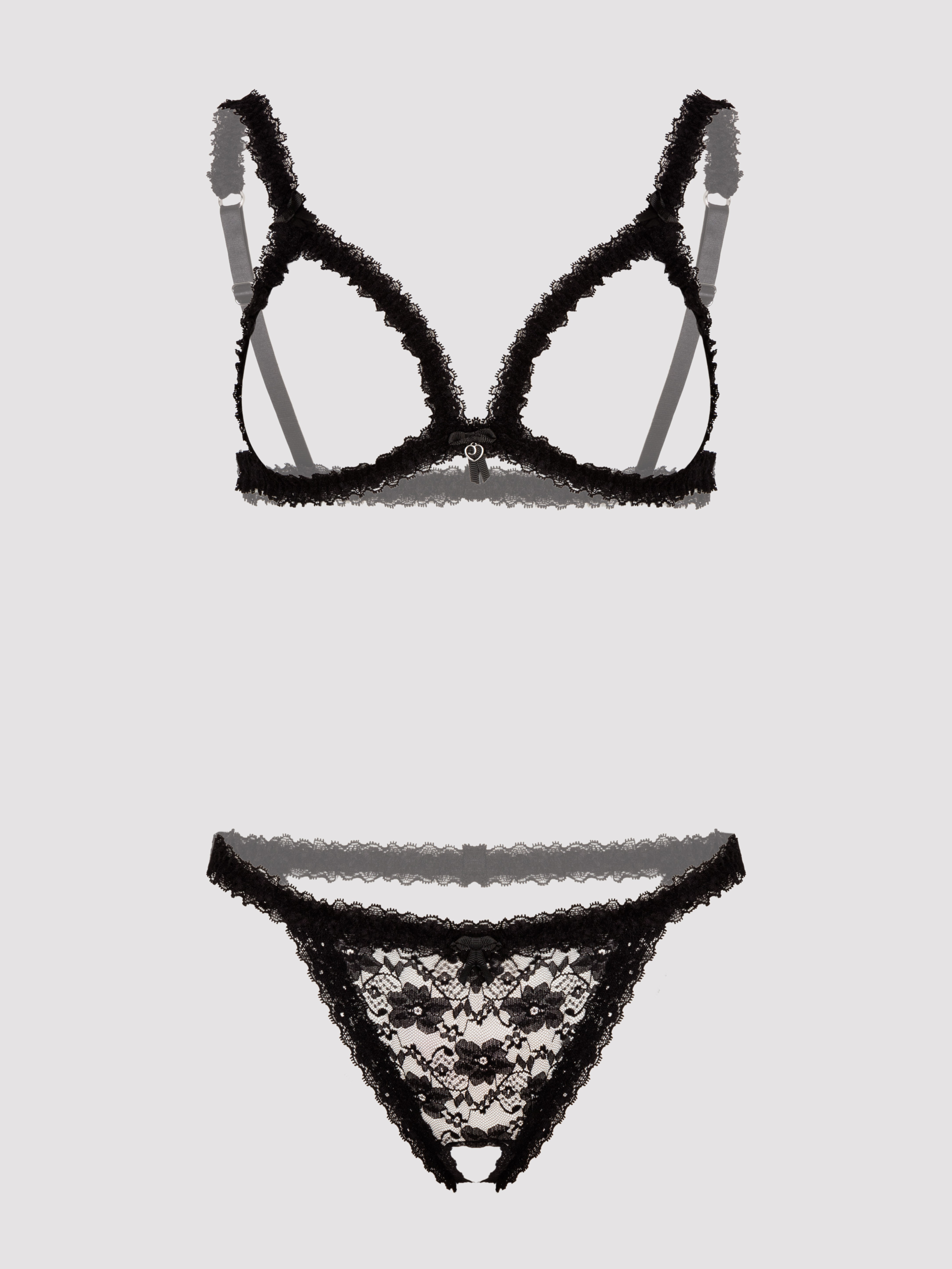 Lovehoney Flaunt Me Floral Lace Open Cup Bra Set, Black, hi-res