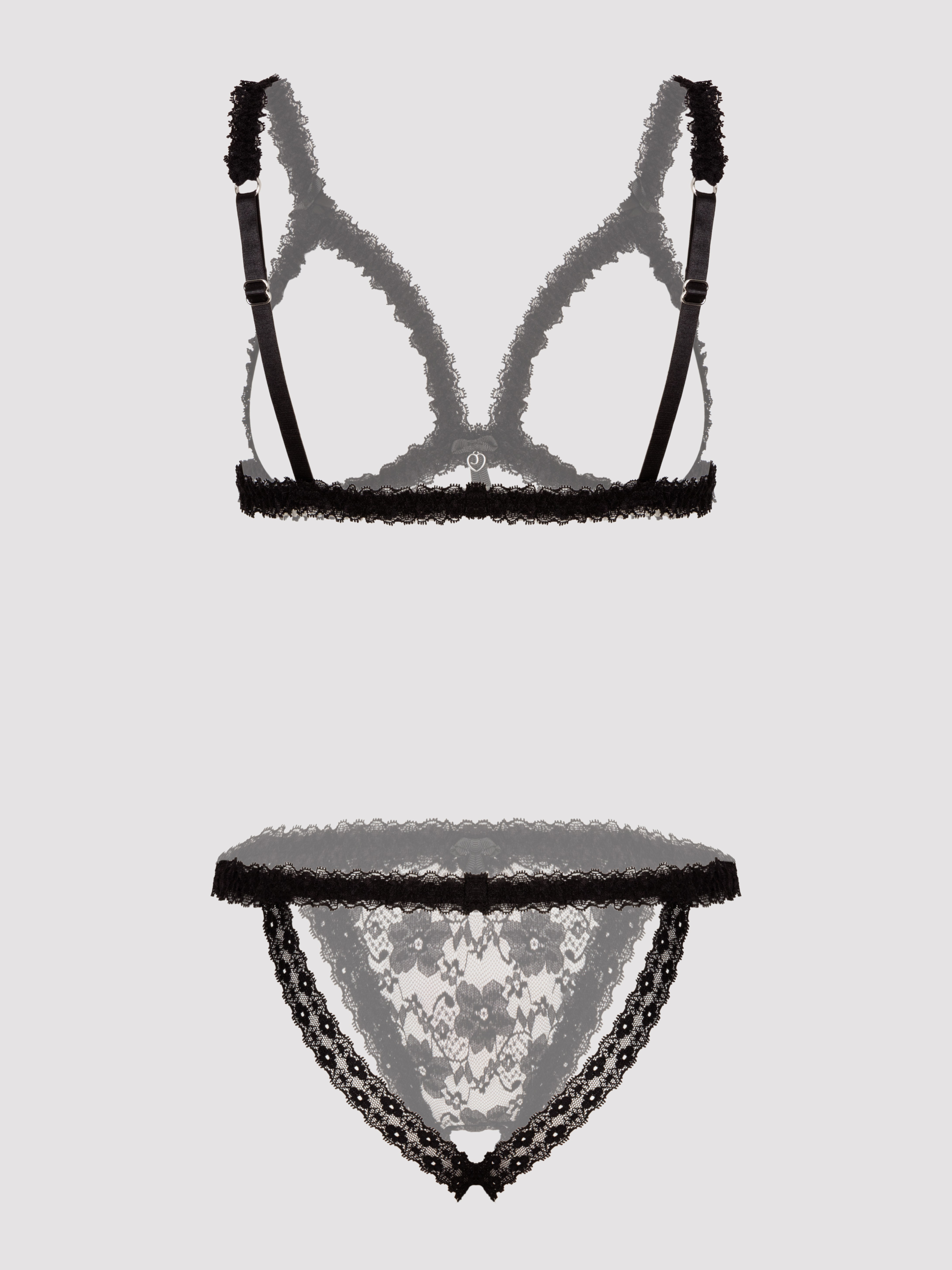 Lovehoney Flaunt Me Floral Lace Open Cup Bra Set, Black, vanilla