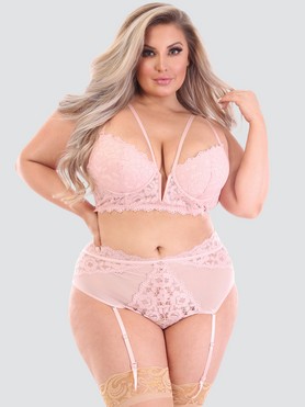 Lovehoney Plus Size Parisienne Light Pink Bra and Crotchless Thong Set