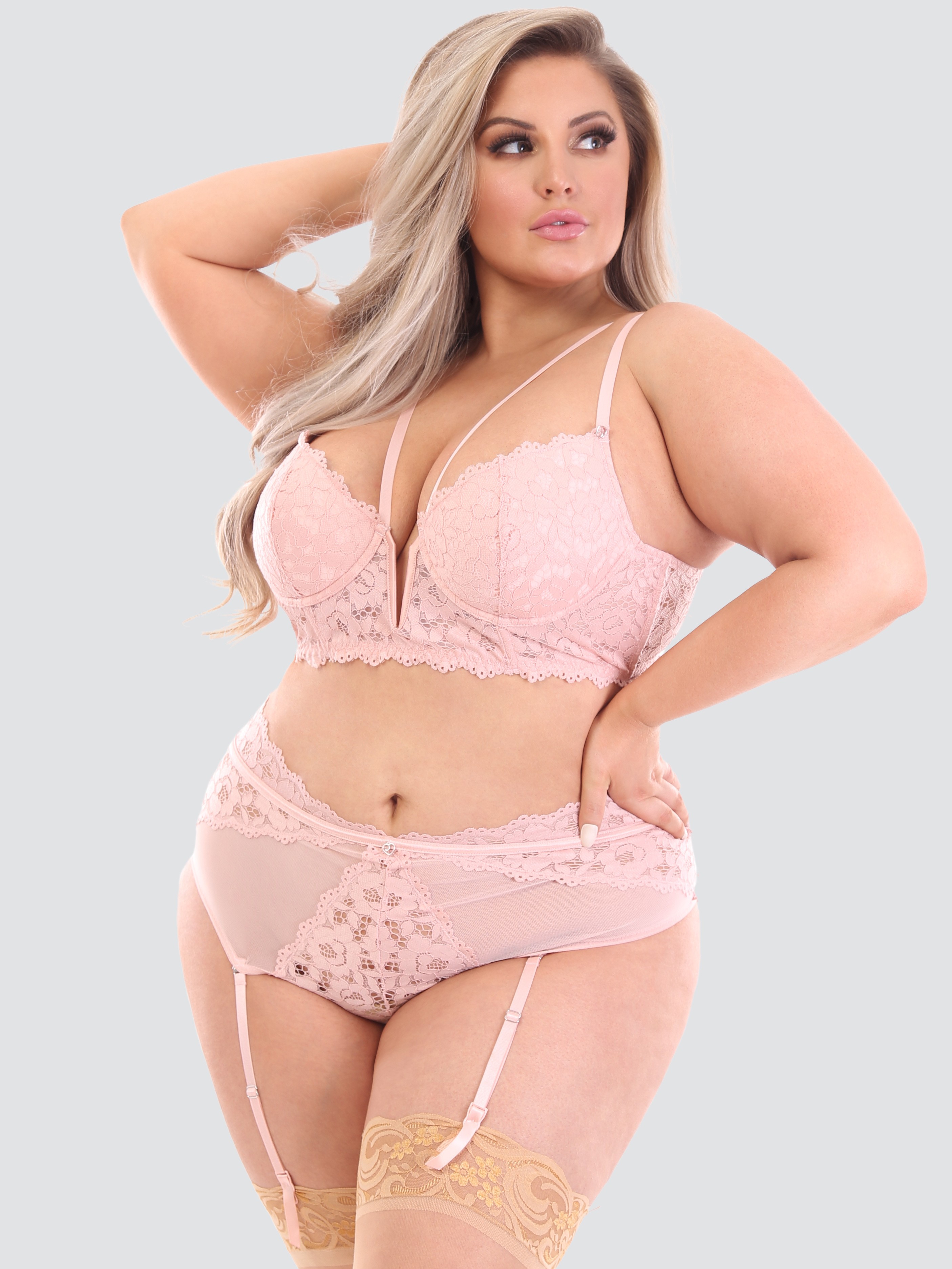 Lovehoney Plus Size Parisienne Ivory Blush Longline Bra and Crotchless Thong Set, Pink, hi-res