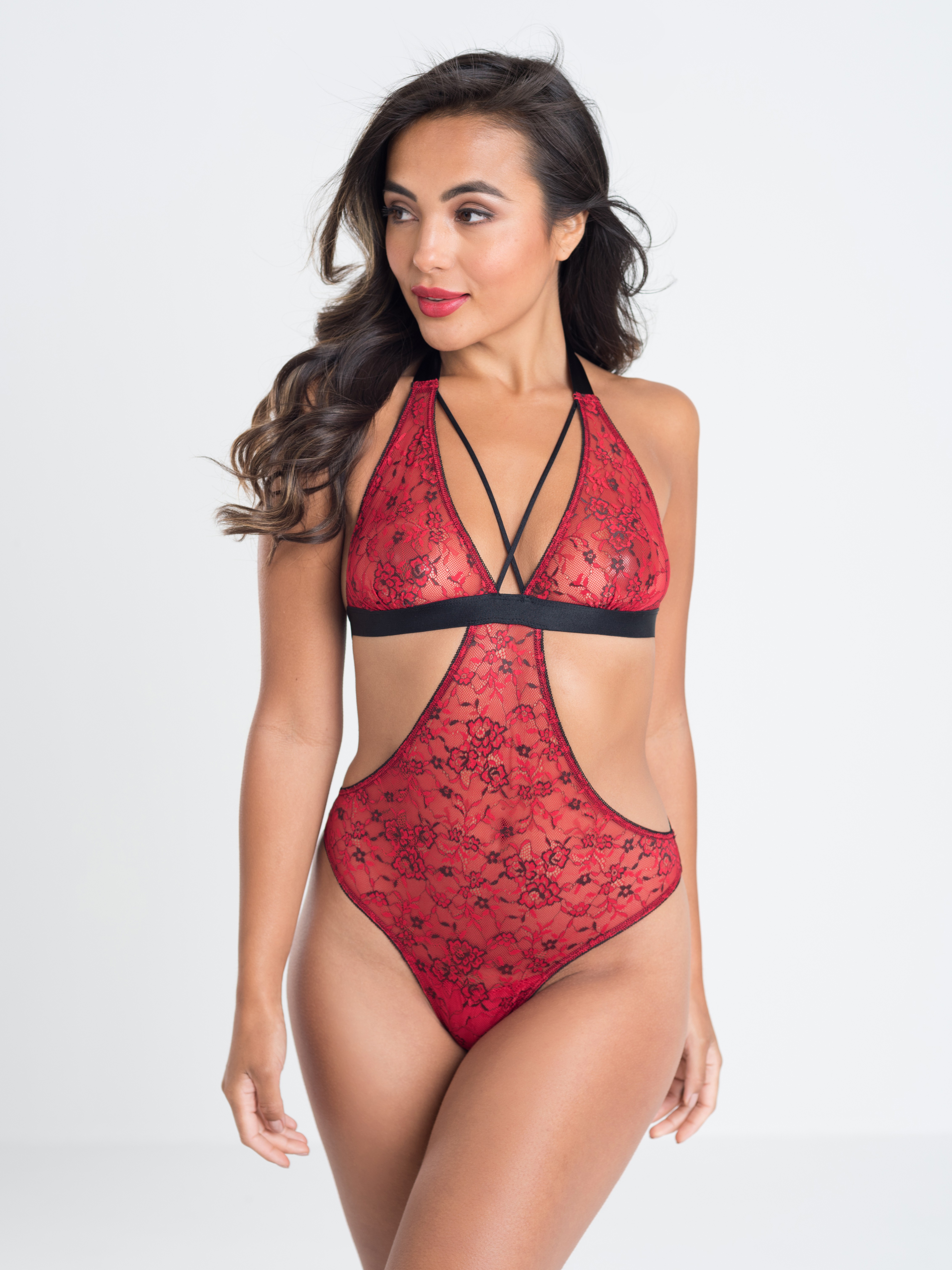 Lovehoney Wild Spirit Red Lace Cut-Out Strappy Body, Red, hi-res