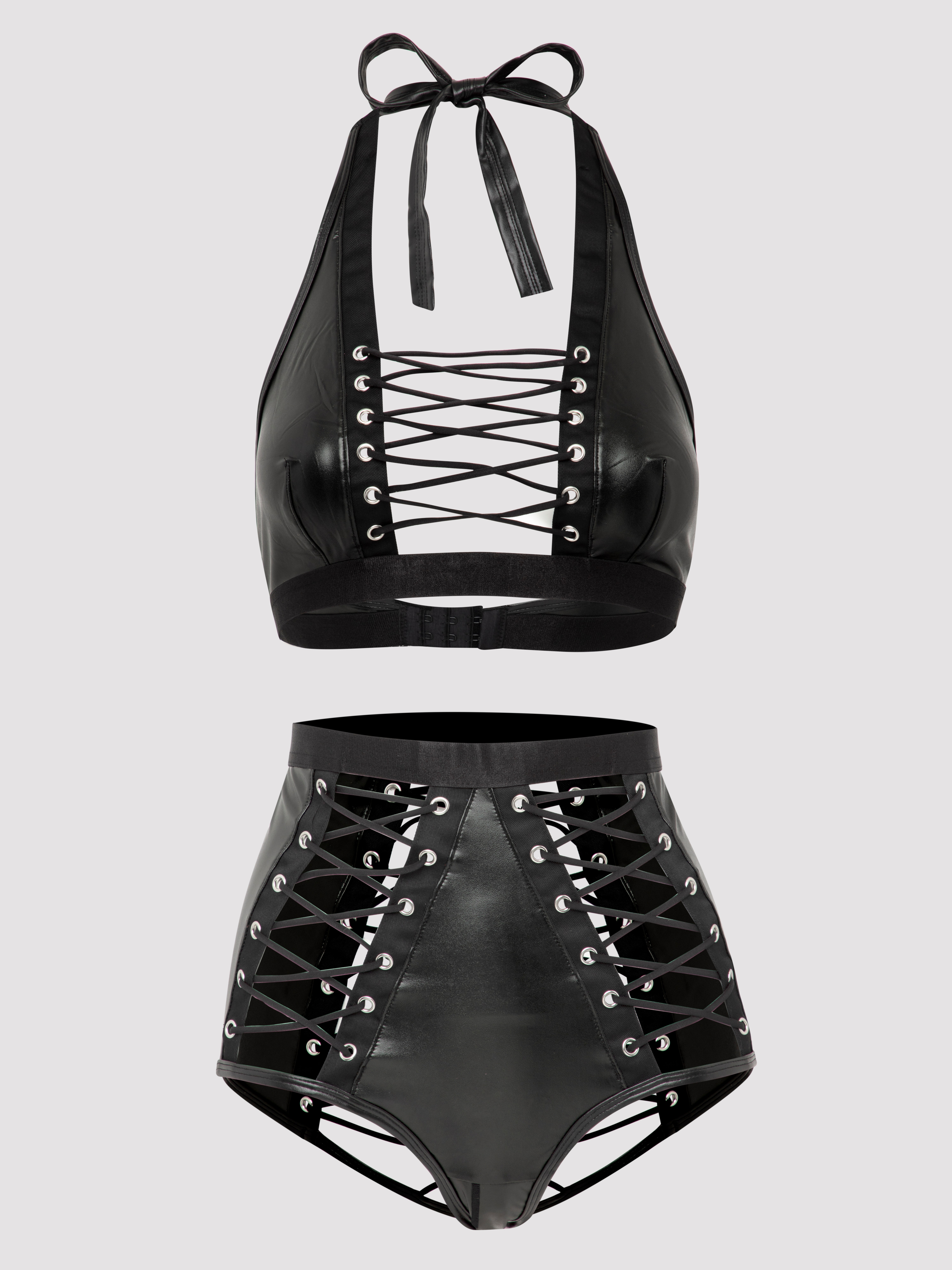 Lovehoney Fierce Leather-Look Lace-Up Bra Set 	, Black, hi-res