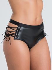 Lovehoney Fierce Leather-Look Lace-Up Crotchless Shorts, Black, hi-res