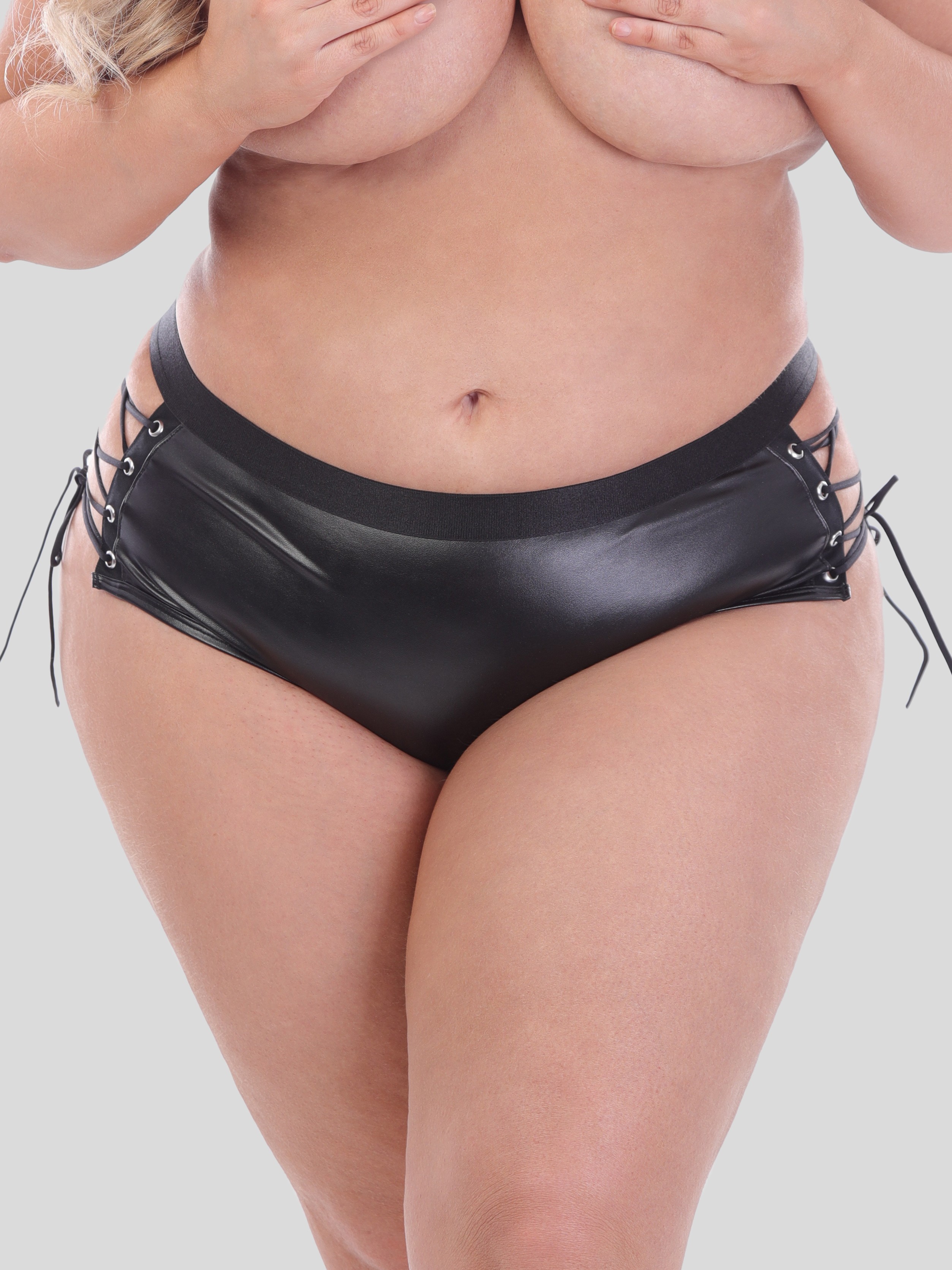 Lovehoney Fierce Leather-Look Lace-Up Crotchless Shorts, Black, hi-res