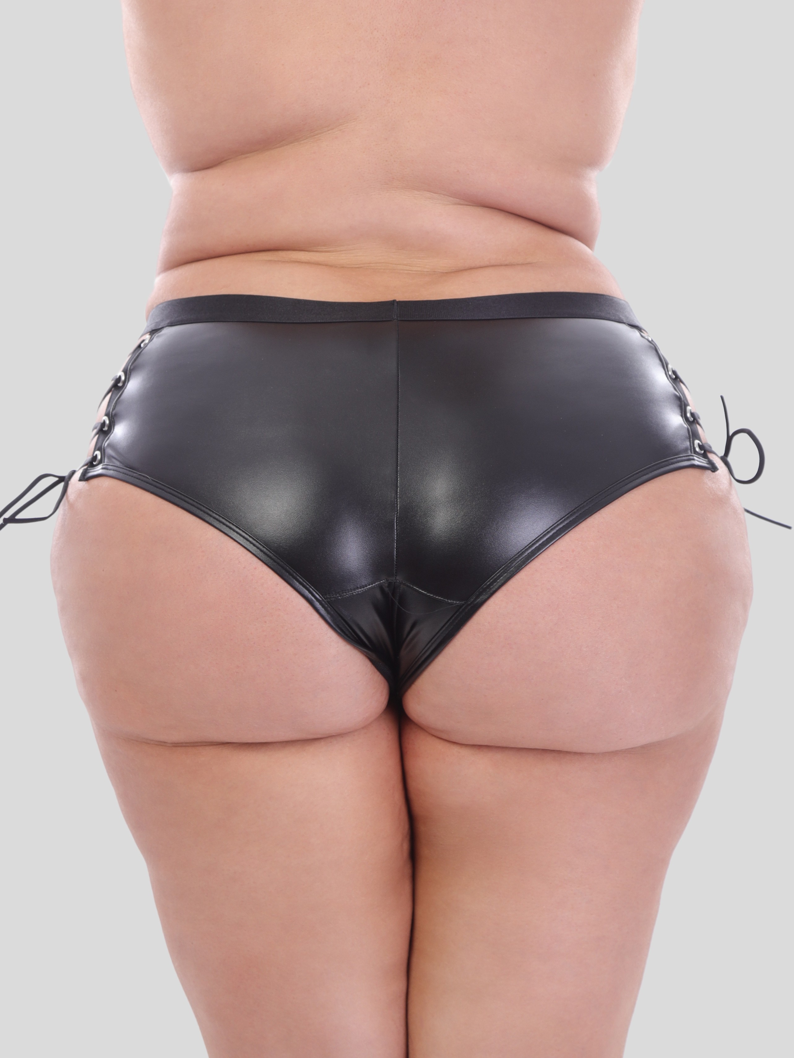 Lovehoney Fierce Leather-Look Lace-Up Crotchless Shorts, Black, hi-res