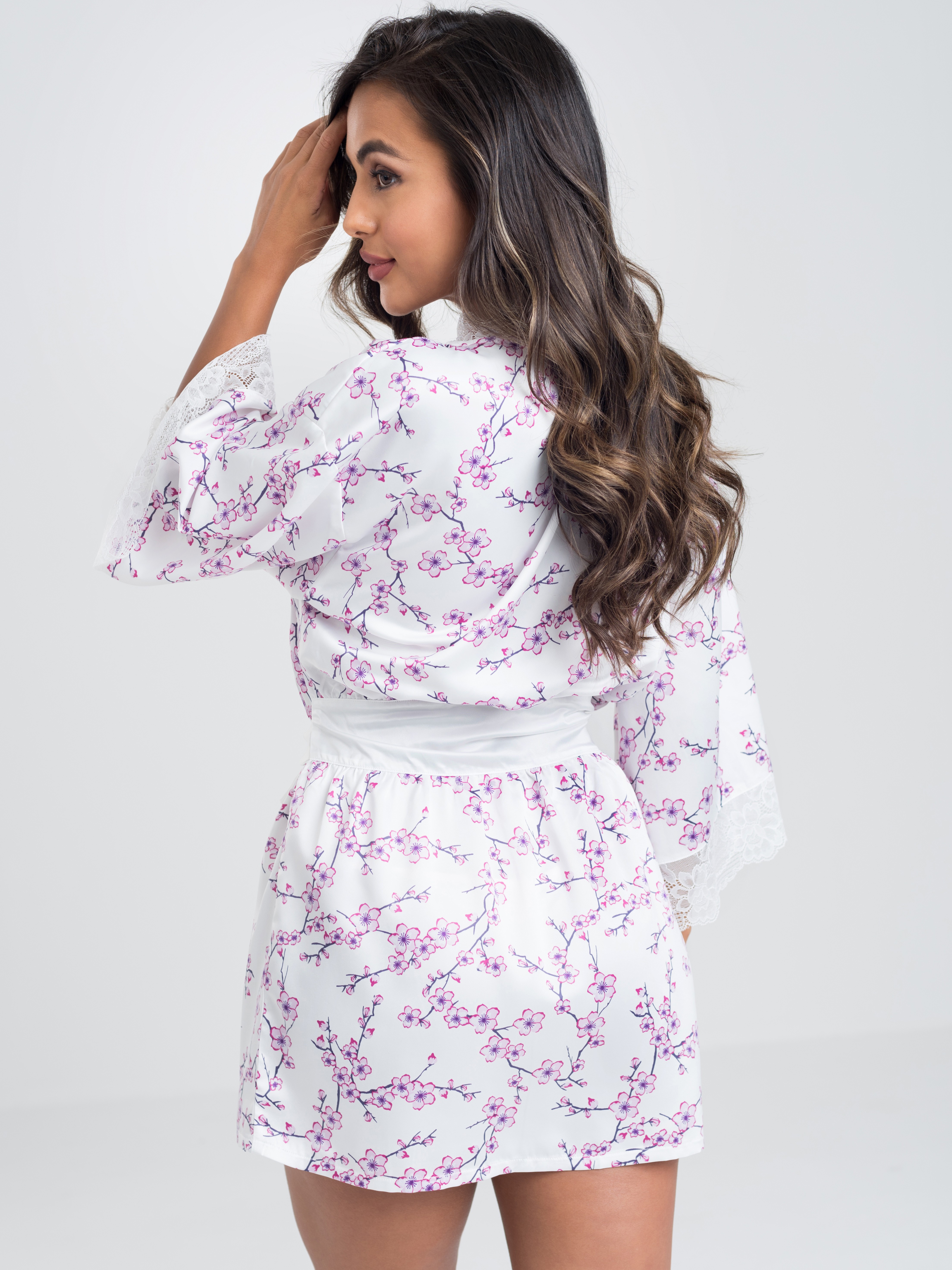 Lovehoney Cherry Blossom Ivory Satin Robe, White, hi-res