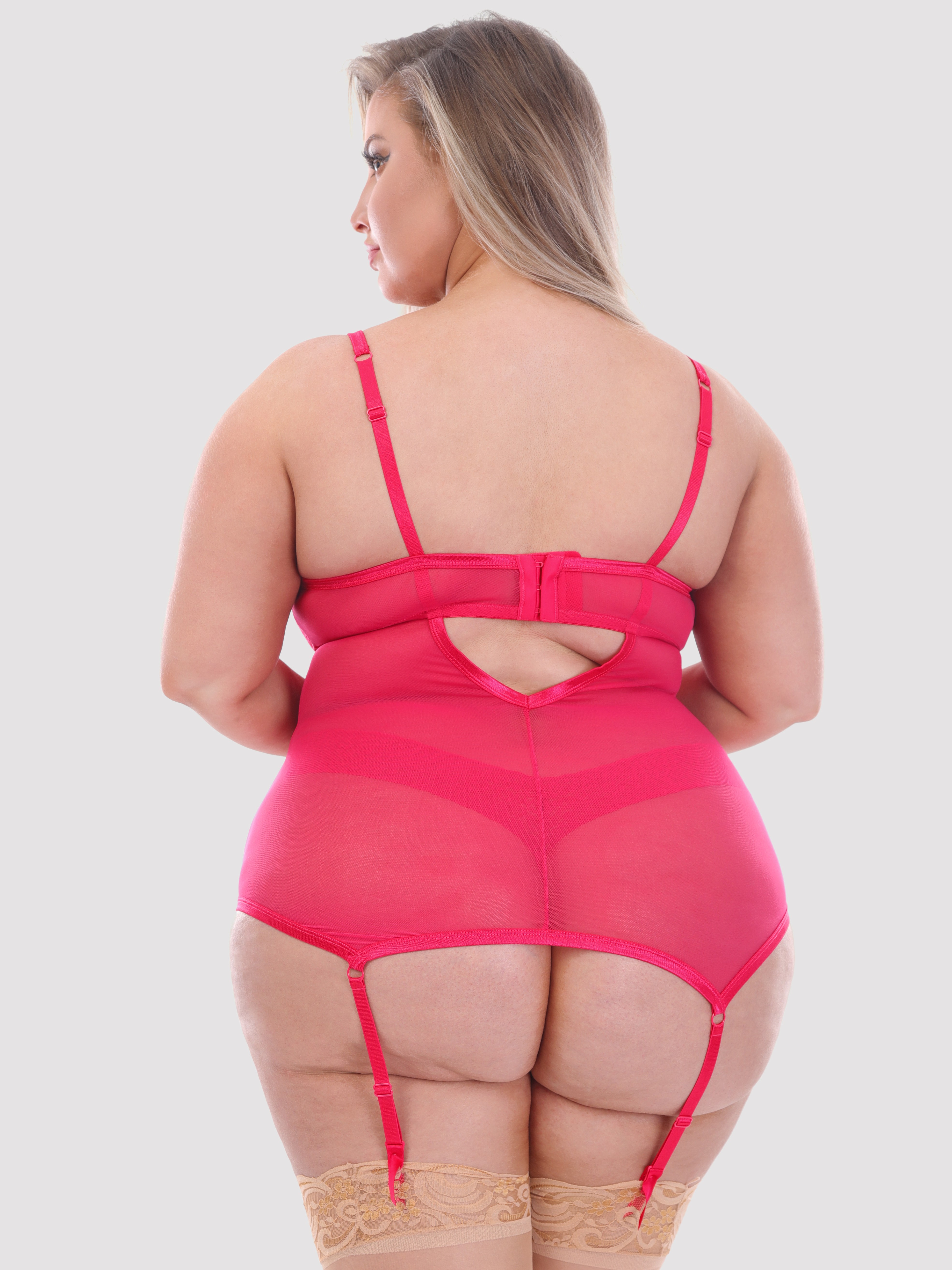 Lovehoney Wild Desire Hot Pink Leopard Lace Basque Set, Pink, hi-res