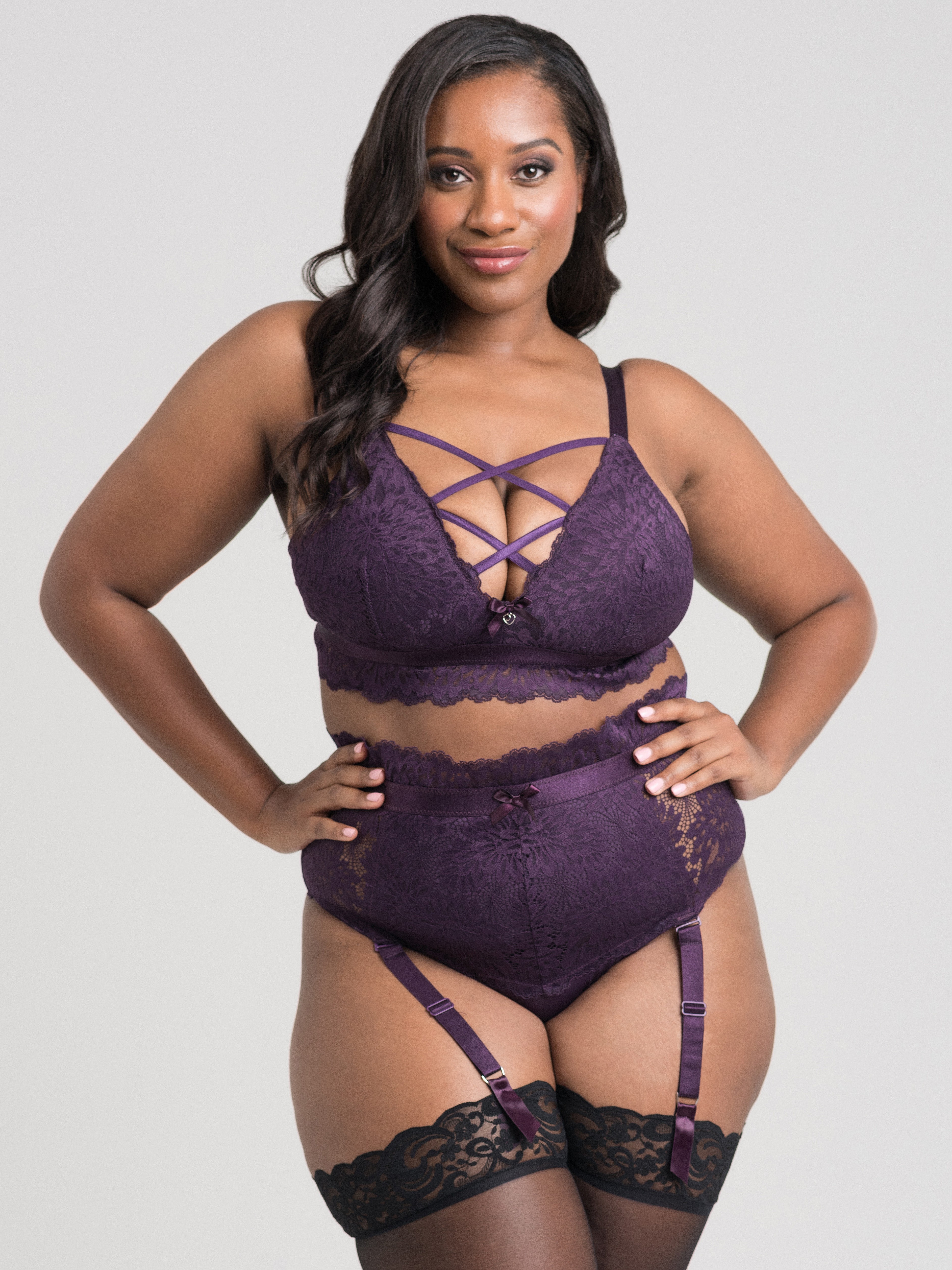 Lovehoney Plus Size Shadow Lily Purple Lace Bra Set, Purple, hi-res