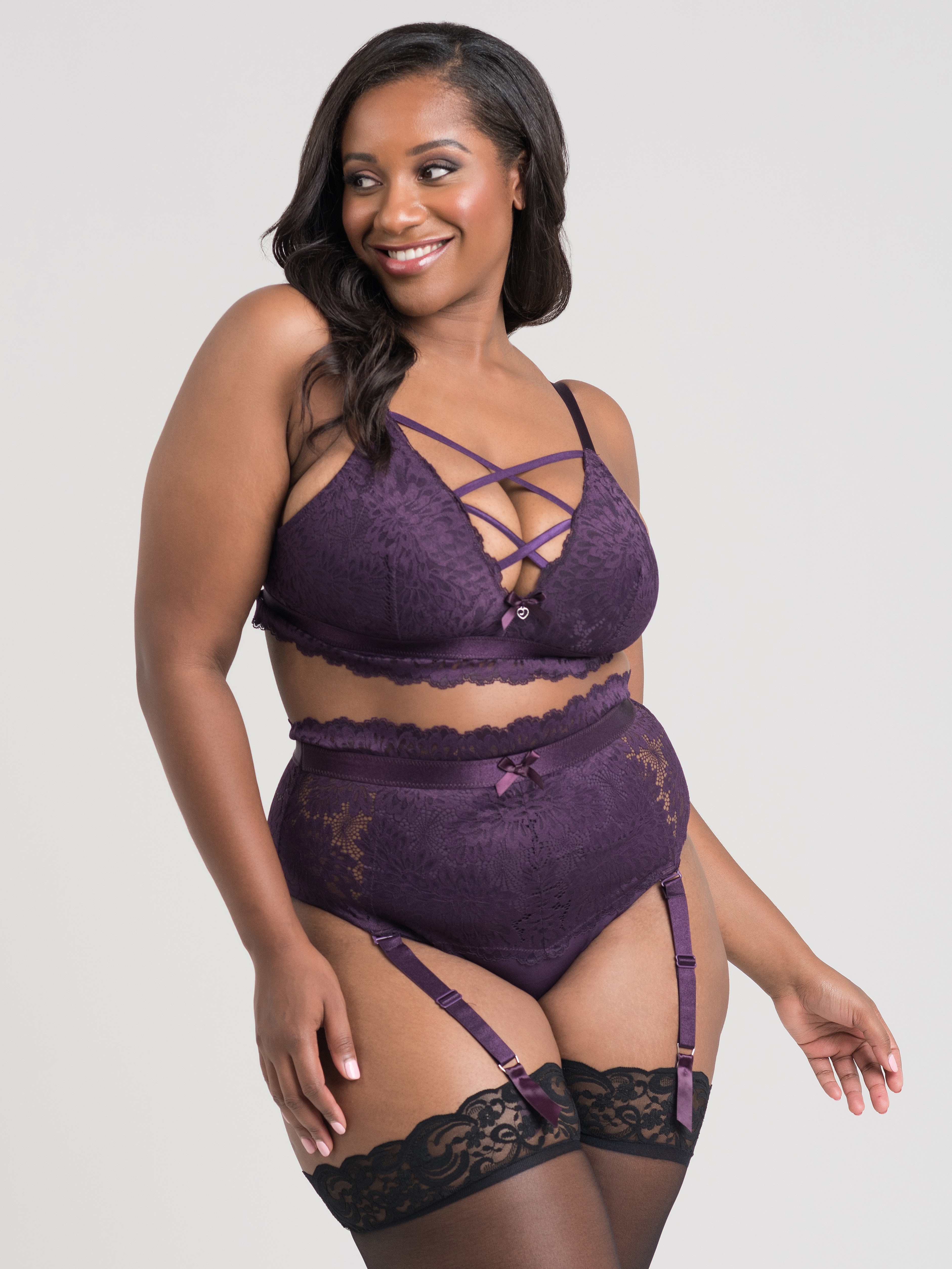 Lovehoney Plus Size Shadow Lily Purple Lace Bra Set, Purple, hi-res