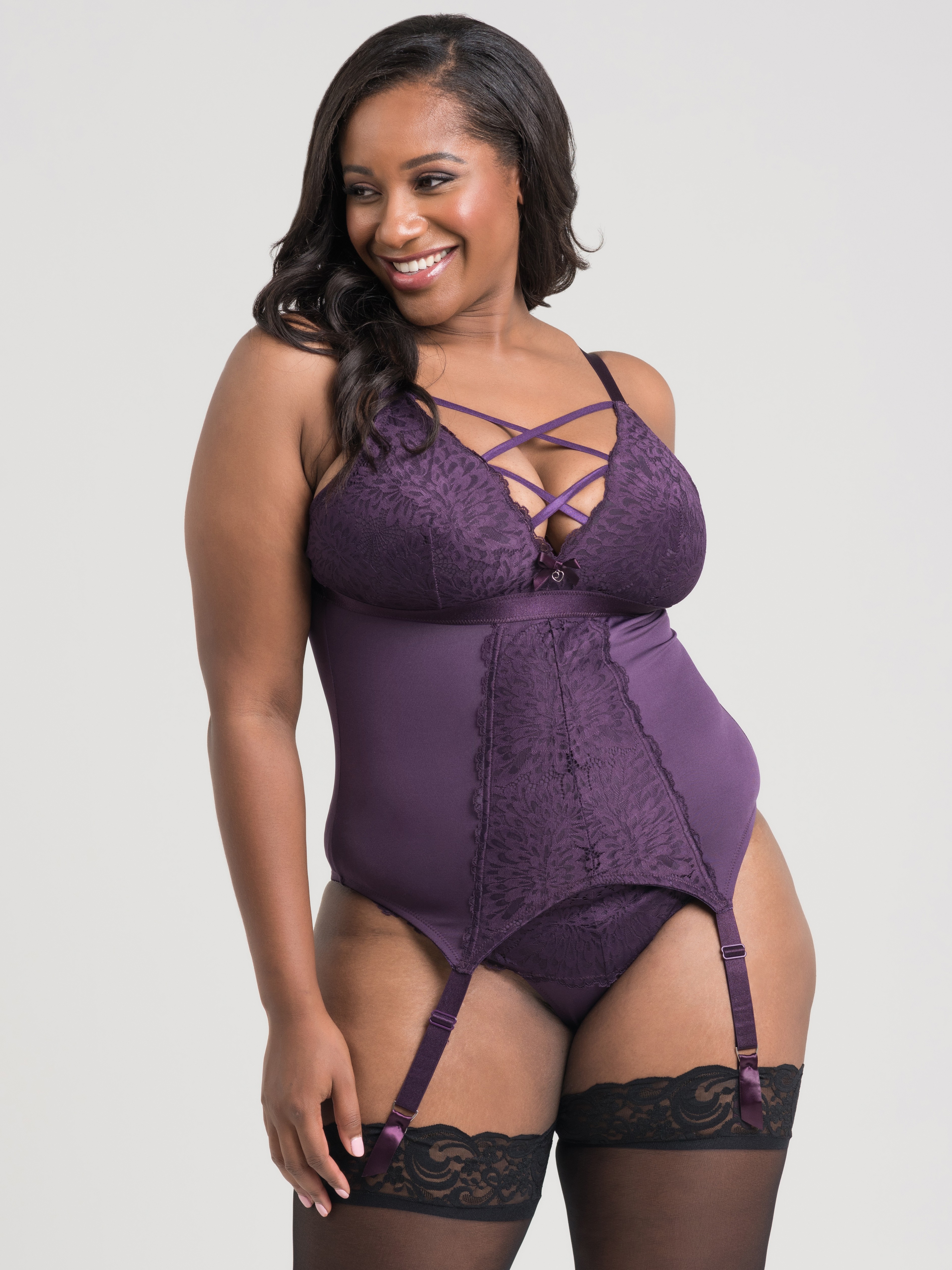 Lovehoney Shadow Lily Purple Lace Basque Set, Purple, hi-res