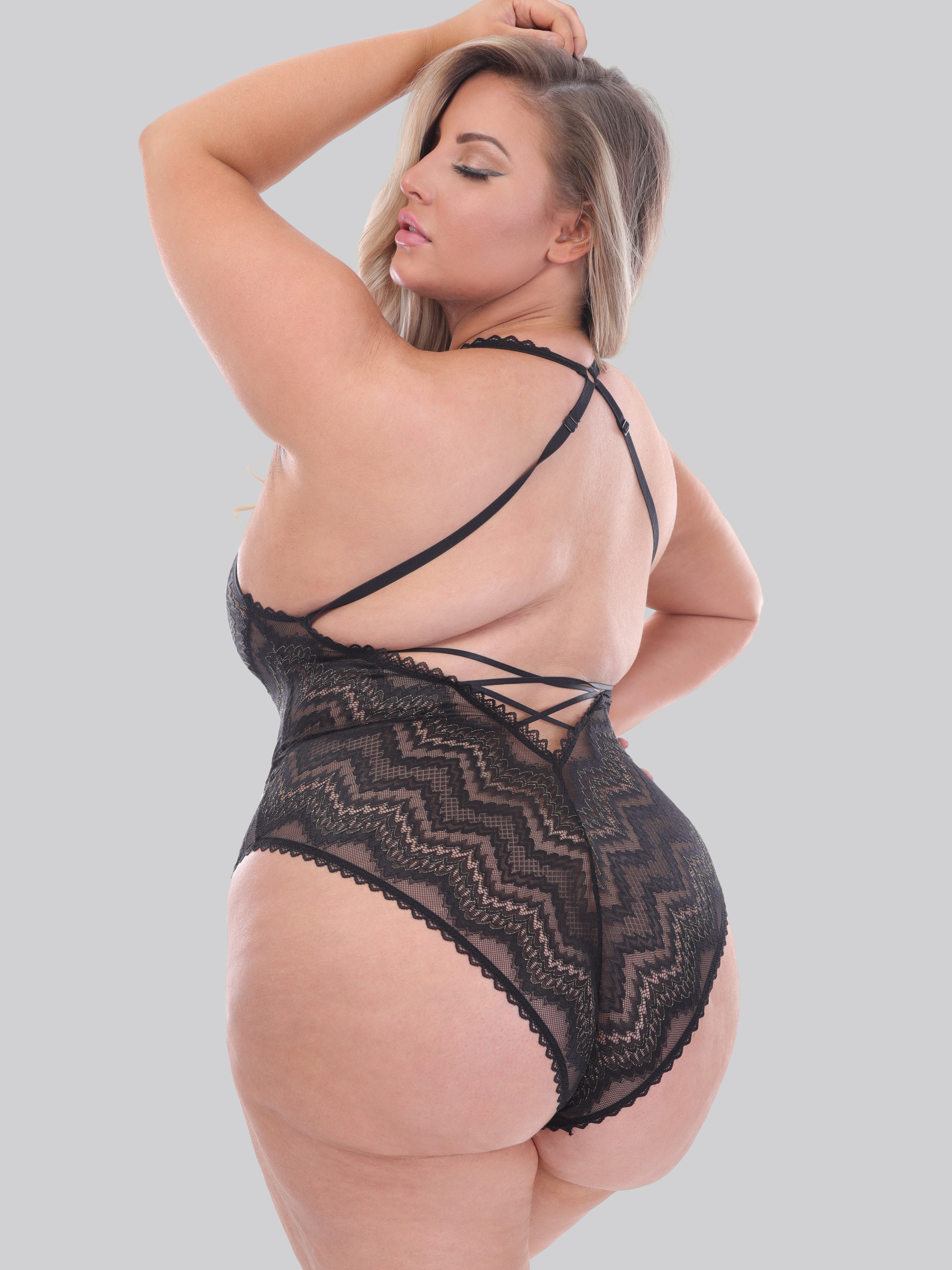 Lovehoney Serenity Blue Lace Plunge Teddy, Black, hi-res