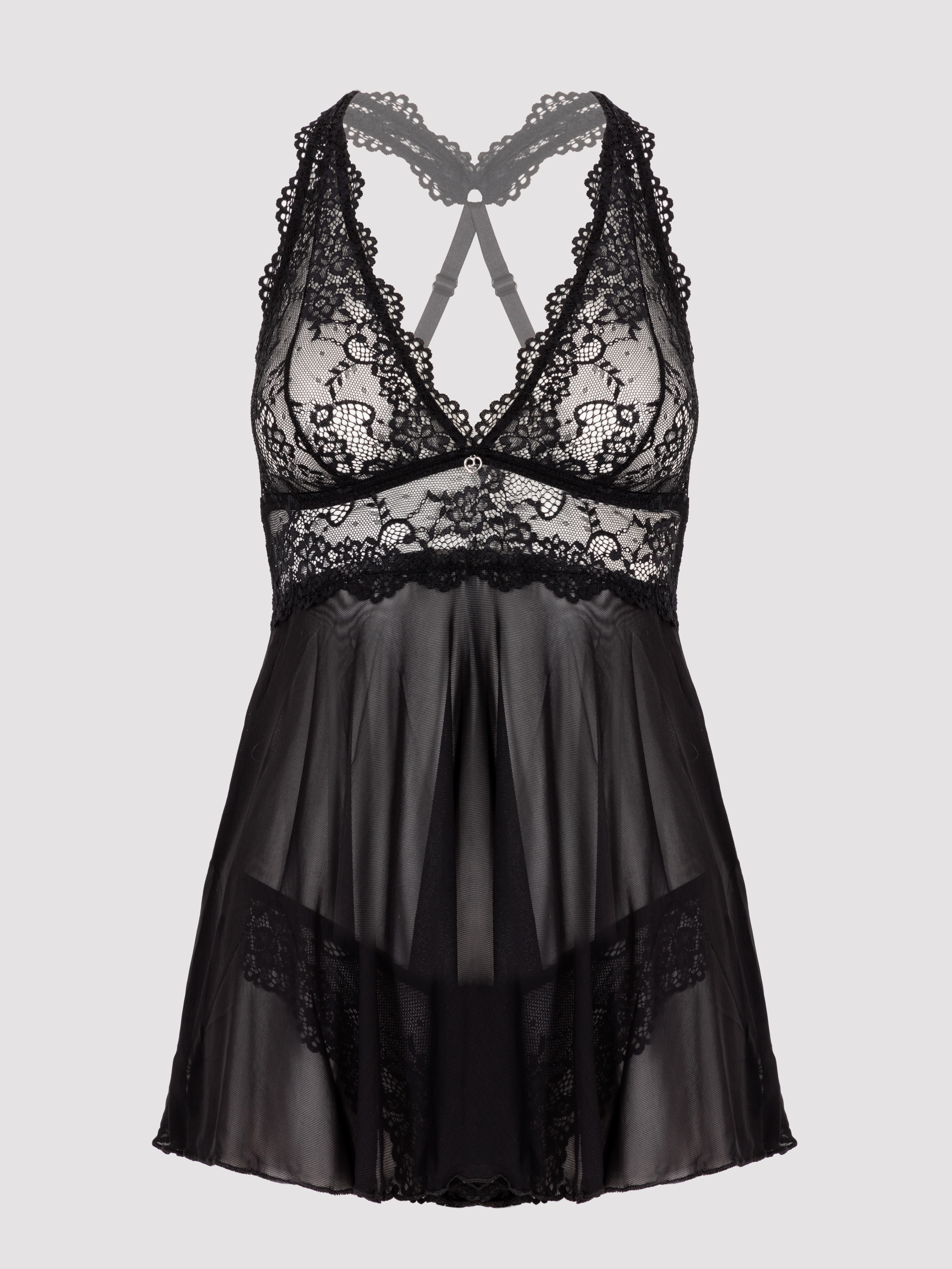 Lovehoney Bombshell Black Lace Babydoll Set , Black, hi-res