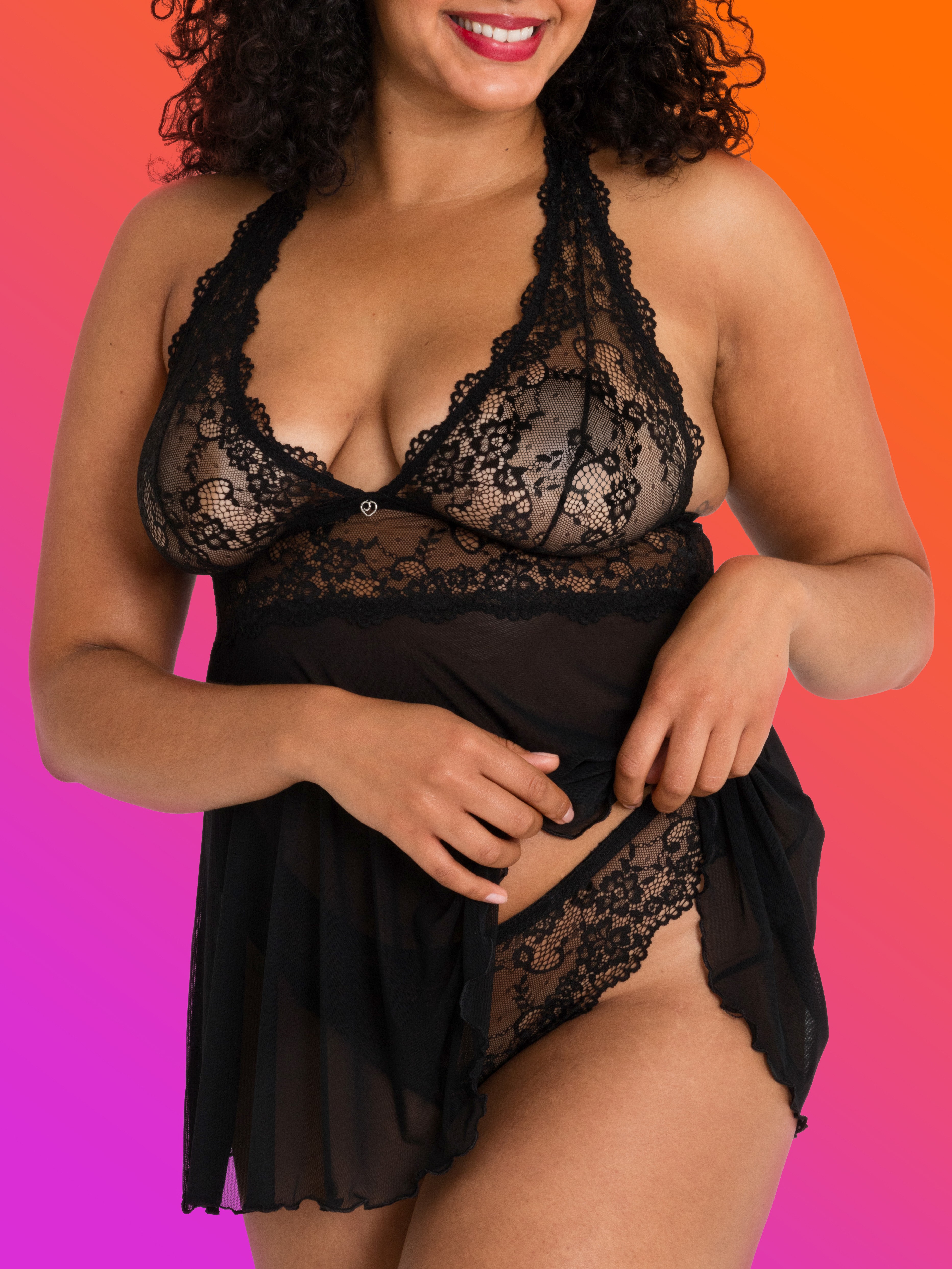 Lovehoney Bombshell Black Lace Babydoll Set , Black, hi-res
