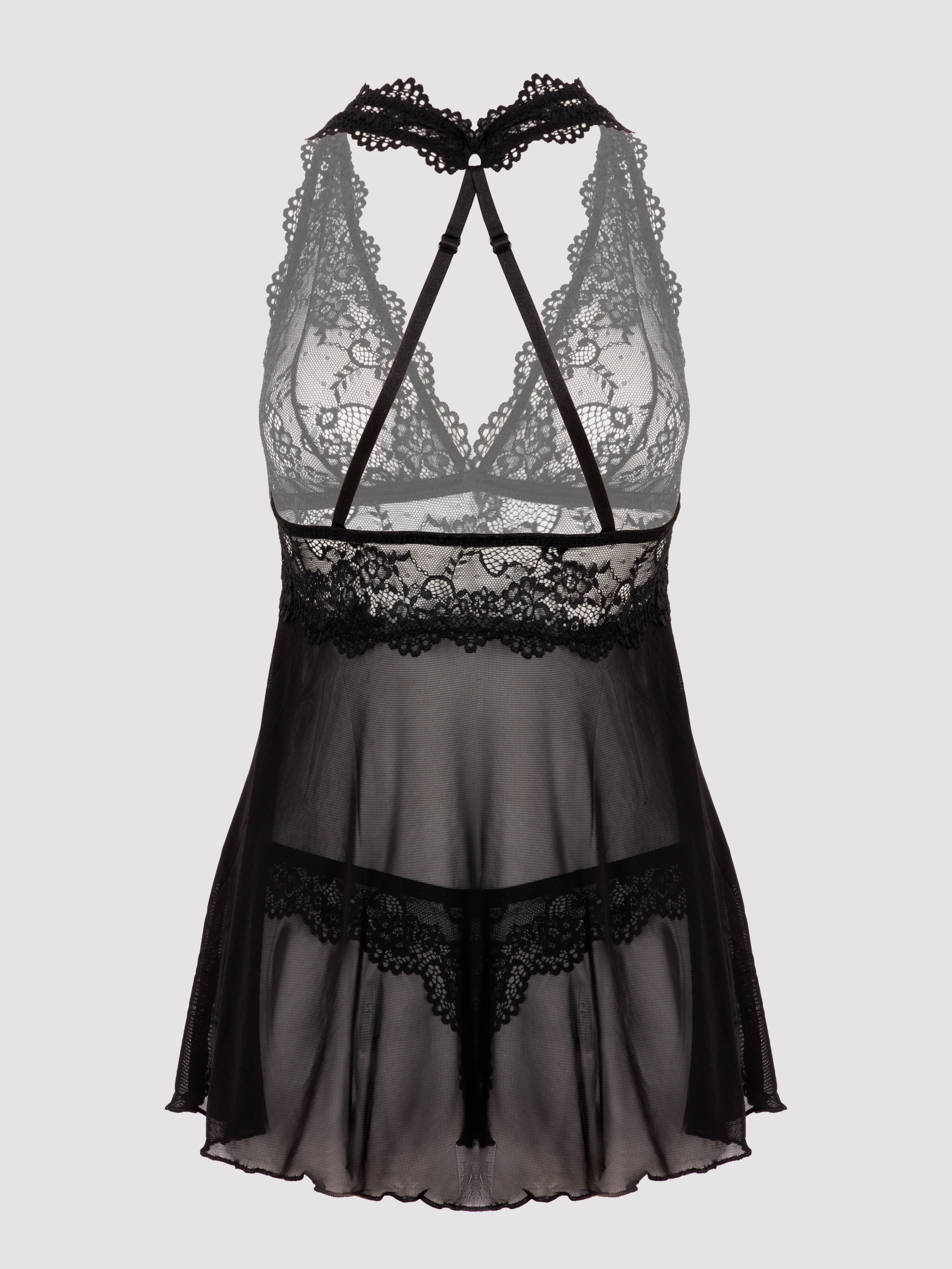 Lovehoney Bombshell Black Lace Babydoll Set , Black, vanilla